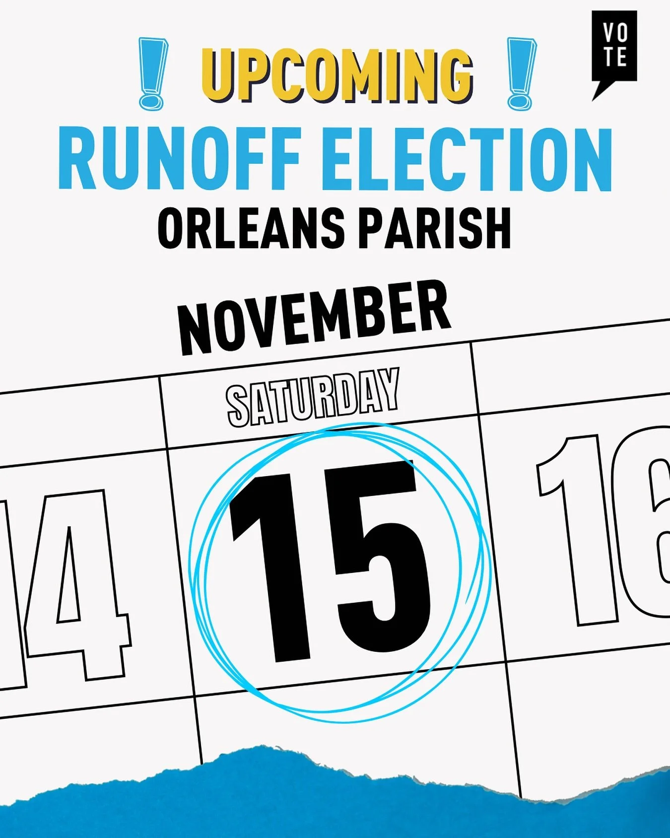 🗳️ Orleans Parish &mdash; it&rsquo;s not over yet!
The runoff election is Saturday, November 15th.
&nbsp;
We know voter fatigue is real &mdash; you&rsquo;ve shown up and it can feel like it never ends. But this is how we build real power. These runo