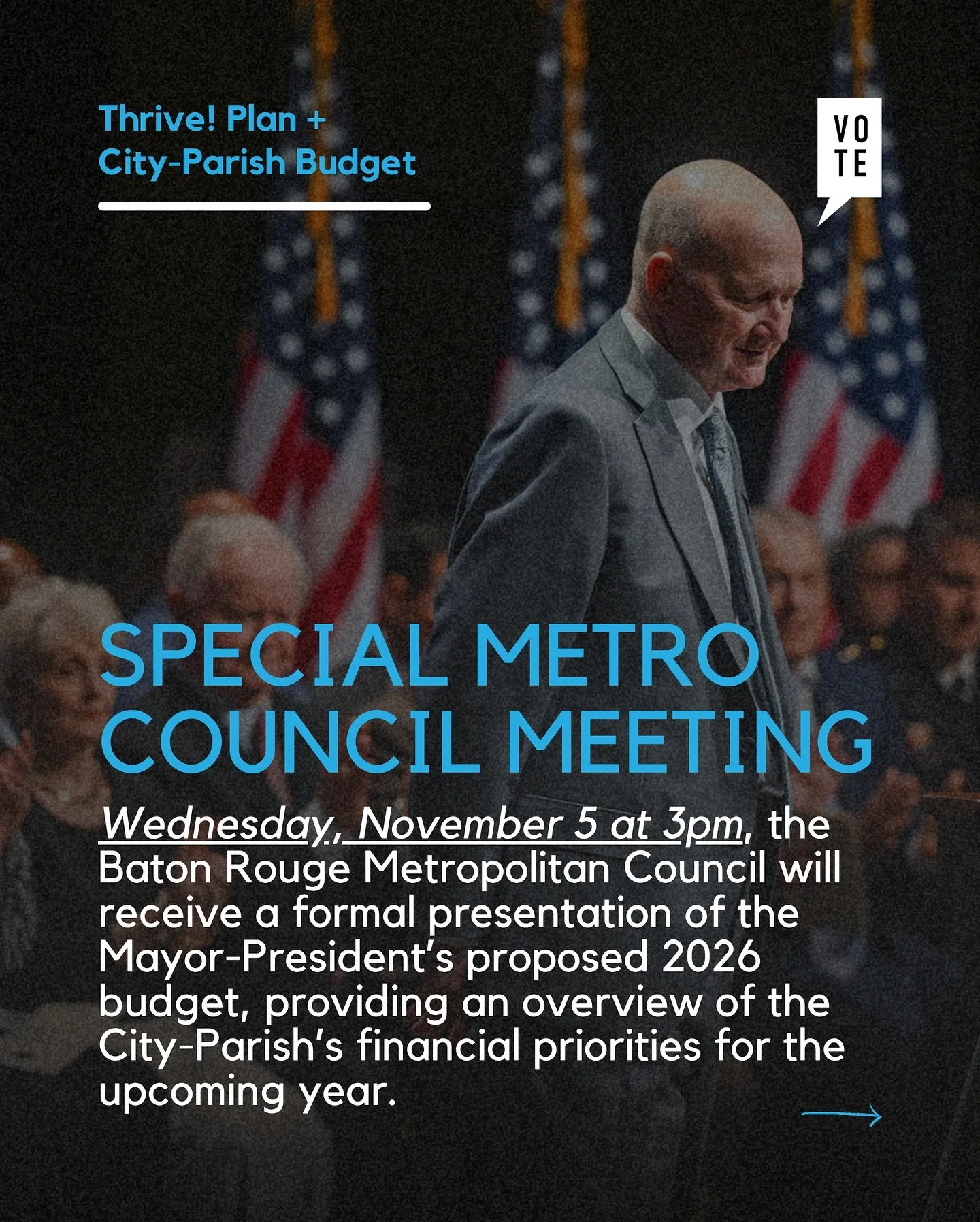 Show Up. Speak Up.

The Metro Council&rsquo;s budget meeting isn&rsquo;t just about numbers, it&rsquo;s about our neighborhoods, our libraries, our seniors, and how we fund essential services that keep Baton Rouge running. The Thrive! Plan will shape