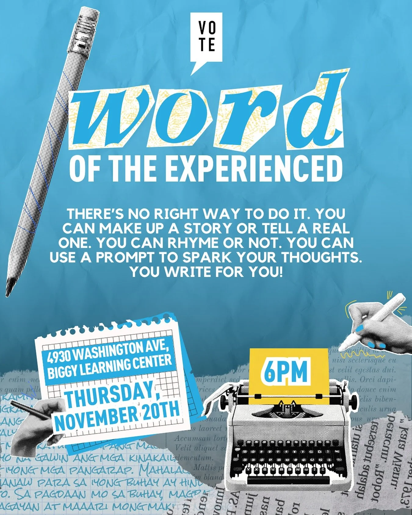 Your experience, your reflection, your words. 

Join us for Word of the Experienced, a writing workshop focused on listening and discovery. Writing is more than just words, it&rsquo;s medicine. It&rsquo;s a way to express what it is to be you and how