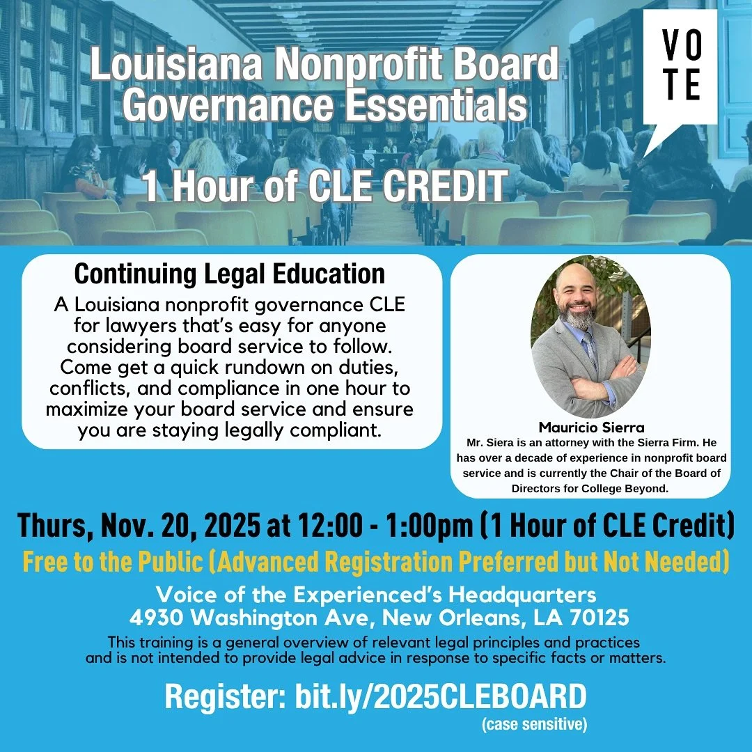 Thinking about joining a nonprofit board? ⚖️

Learn how to serve effectively and stay compliant at our free 1-hour CLE on nonprofit governance, led by attorney Mauricio Sierra.

🗓️ Nov. 20 | 12&ndash;1 PM
📍 VOTE, 4930 Washington Ave
🎓 Earn 1 hour 