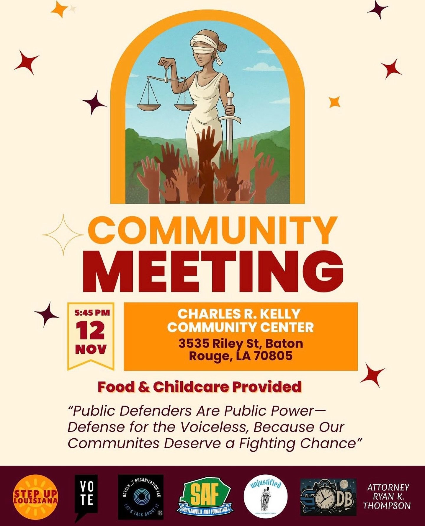 STAND WITH OUR PUBLIC DEFENDERS

Real justice starts with community power, not from the top down.

Join us in Baton Rouge for tonight's community gathering as we rally to make sure East Baton Rouge Public Defenders receive fair pay, benefits, and rec