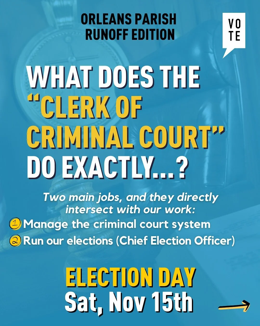 🗳️ Why the Office of Clerk of Criminal District Court matters
&nbsp;
If you&rsquo;ve ever voted, been called for jury duty, needed court records, or tried to clear your record &mdash; you&rsquo;ve dealt with this office.
&nbsp;
The Clerk of Criminal