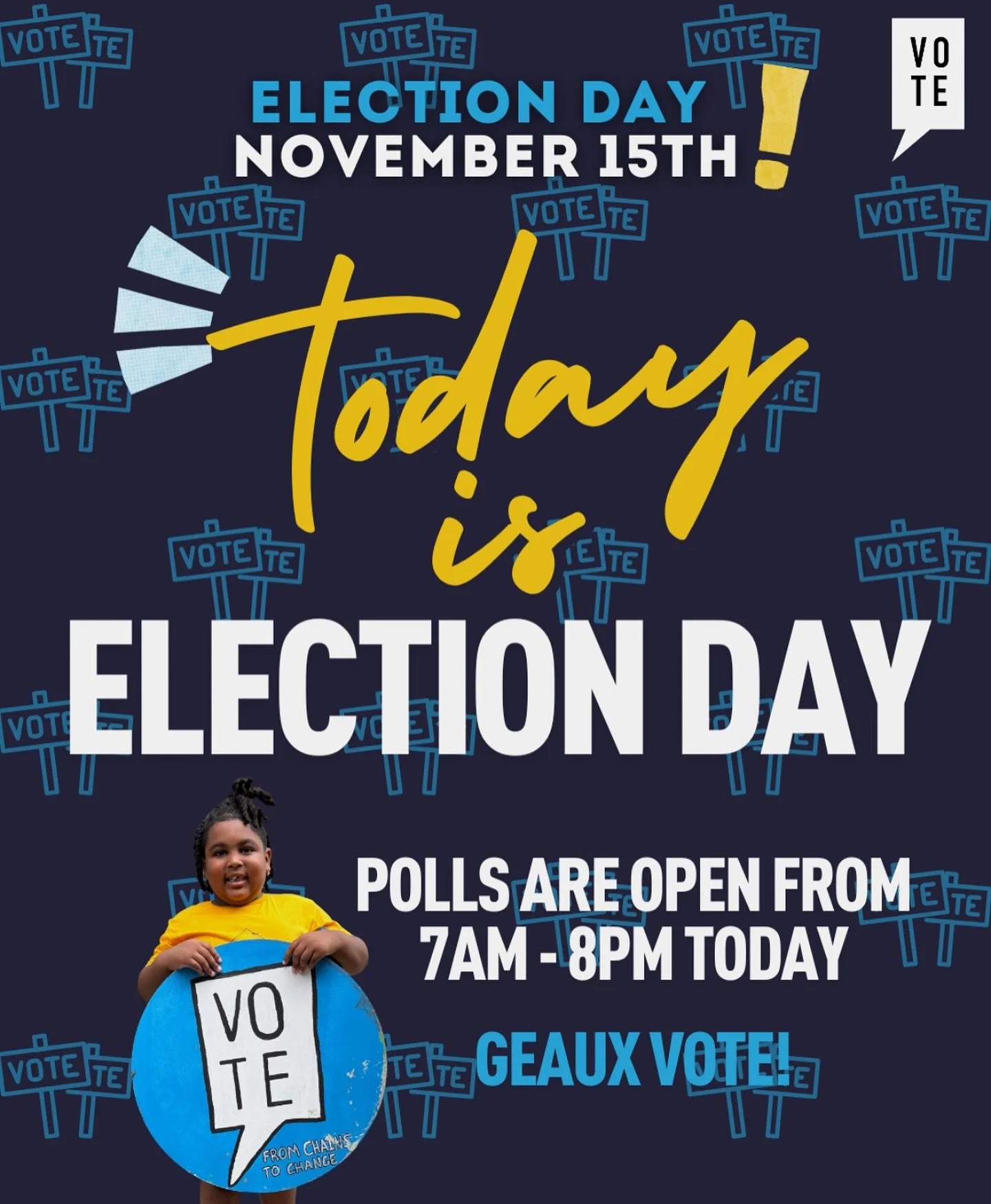 IT&rsquo;S ELECTION DAY LOUISIANA! 

Time to head to the polls and make your voice heard, there are runoff races, ballot propositions, and amendments. Do your research and GEAUX VOTE!