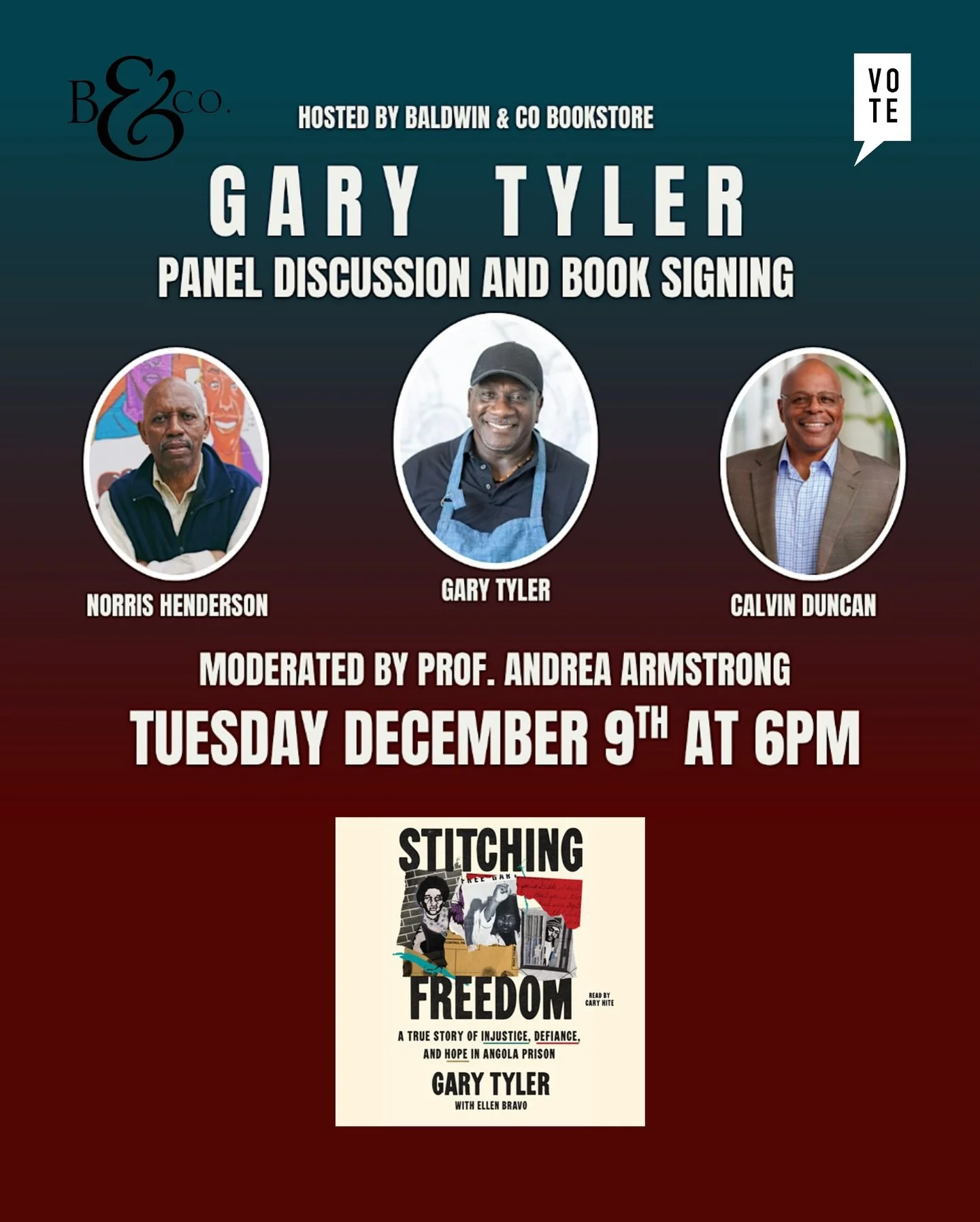Join us for a powerful evening hosted by @baldwinandcompany on Tuesday, December 9th at 6 PM at Georges Auditorium at @dillarduniversity . The event features @garytylerstudio , @jailhouse_lawyer , and @henderson.norris , three men who were wrongfully