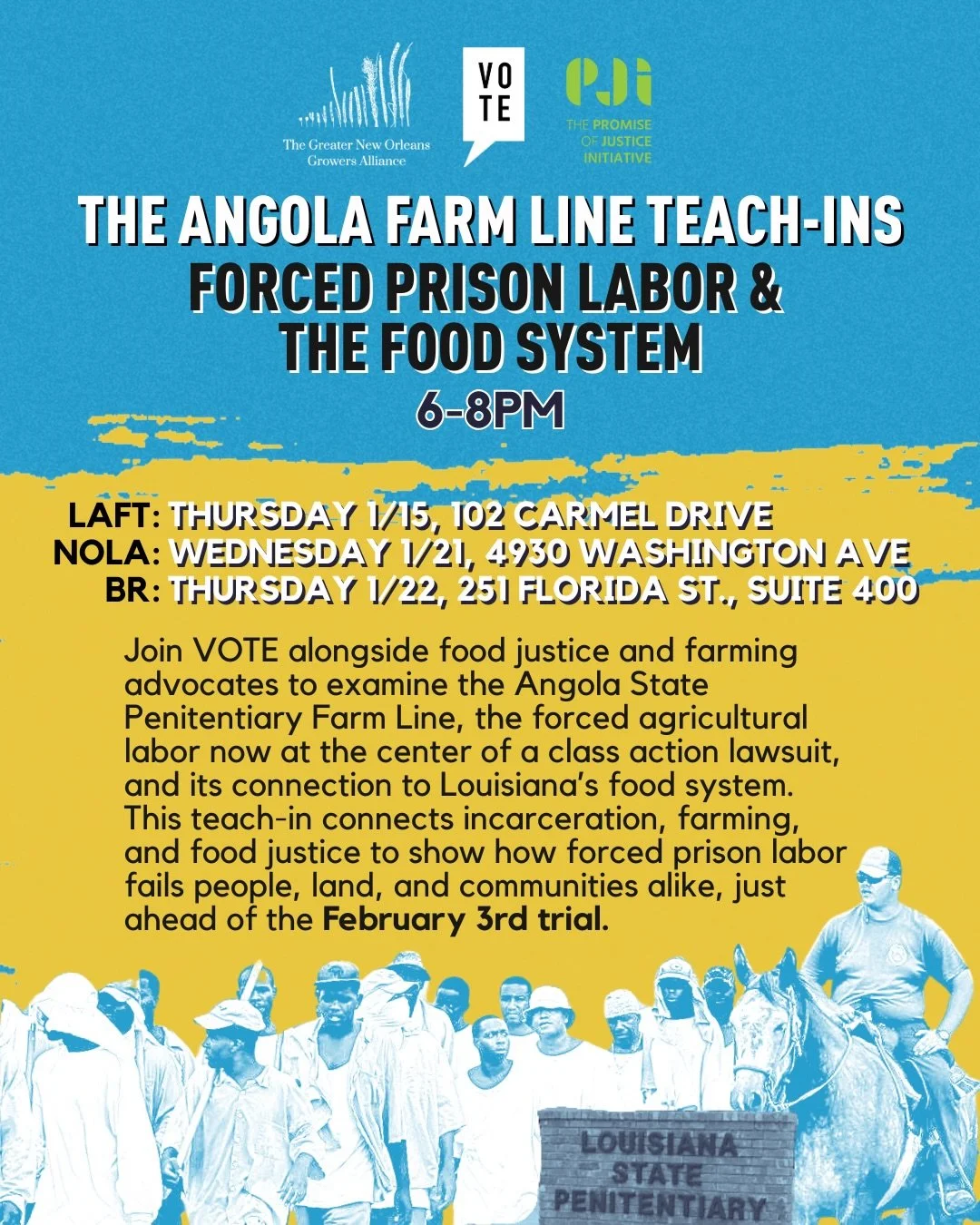 Forced prison labor is still shaping Louisiana&rsquo;s food system.
&nbsp;
Join VOTE alongside farmers and food justice advocates for the Angola Farm Line Teach-Ins as we examine the connections between incarceration, forced labor, food equity, and L