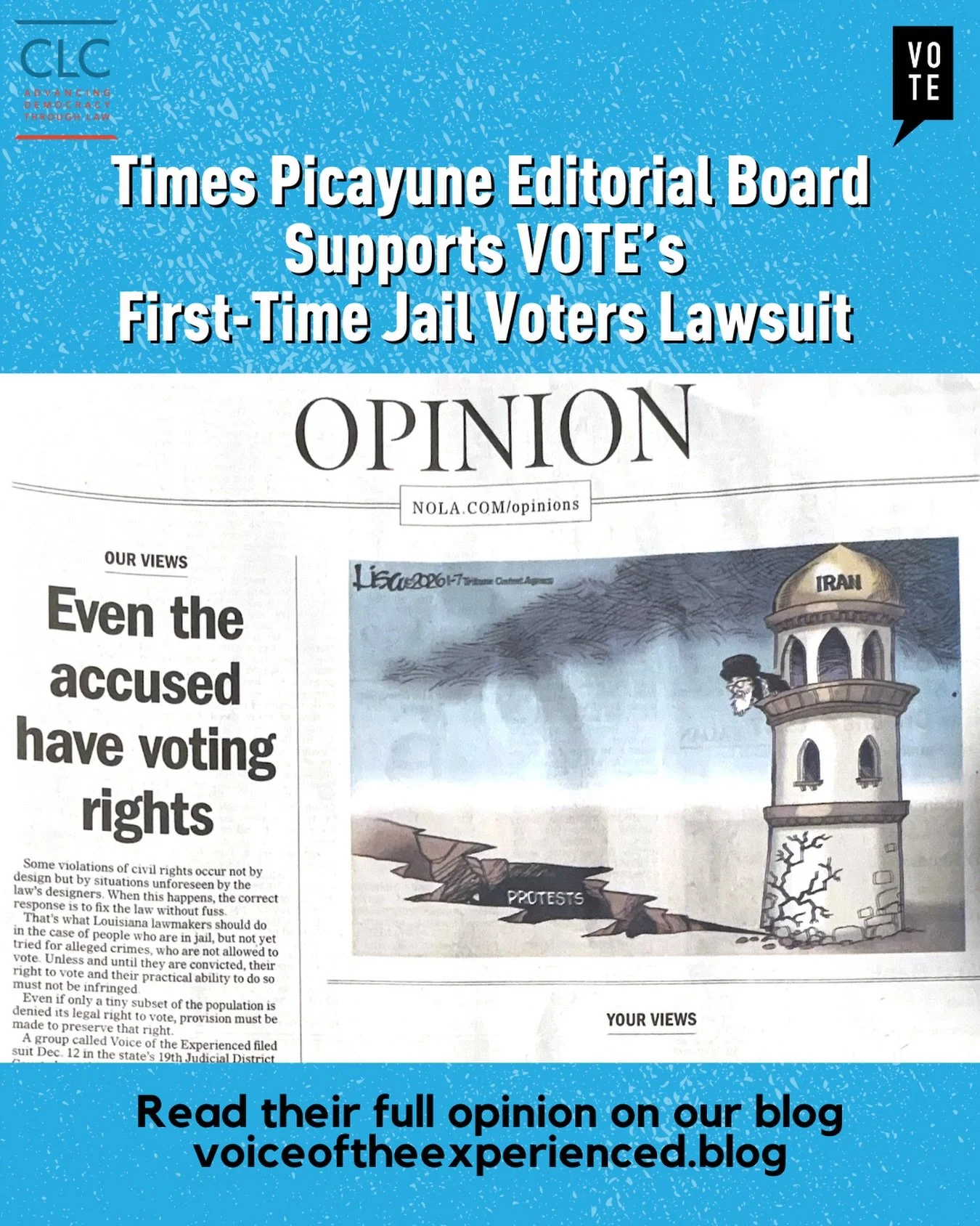 Pretrial detention is not a conviction and constitutionally, it should never cost someone their right to vote. Neither should serving a misdemeanor sentence.
&nbsp;
This week, the Times-Picayune Editorial Board publicly backed VOTE&rsquo;s lawsuit de