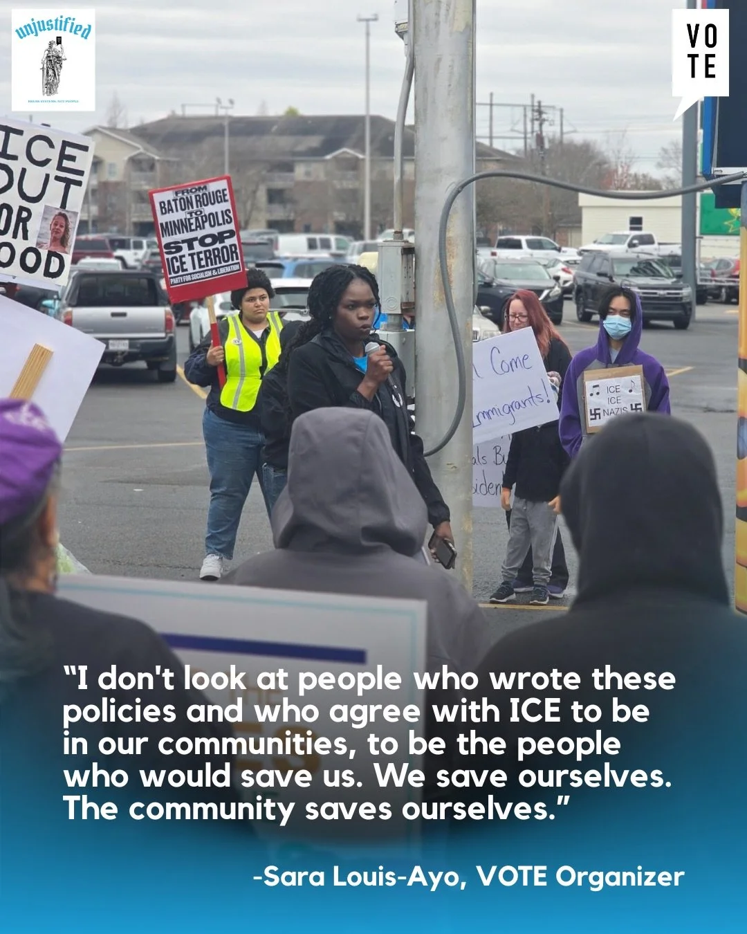 Our very own Sara Louis-Ayo took the mic Saturday at the ICE OUT rally in front of Ideal Market in Baton Rouge, speaking with power, clarity, and lived experience.
&nbsp;
Community members shared personal stories about how federal immigration enforce