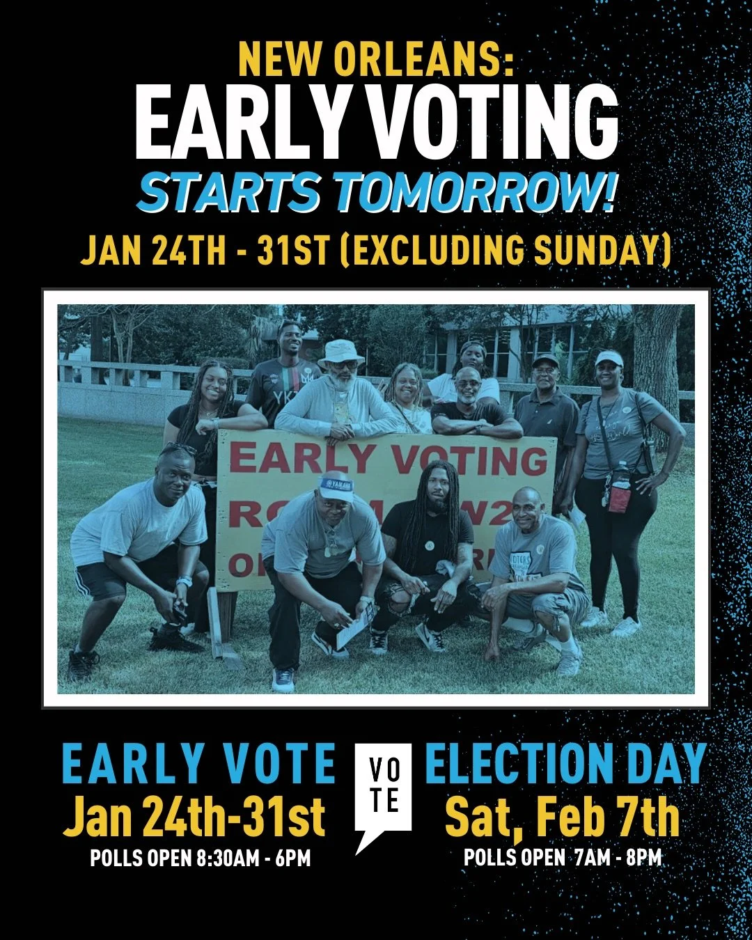 🚨 Special Election Alert: Early Voting Starts TOMORROW 🚨

📅 Early Voting: Jan. 24&ndash; 31 (8:30am-6pm; closed Sunday)
📅 Election Day: Sat, Feb. 7 (7am-8pm)

Don&rsquo;t let all the parades distract you! Early voting begins TOMORROW, January 24t