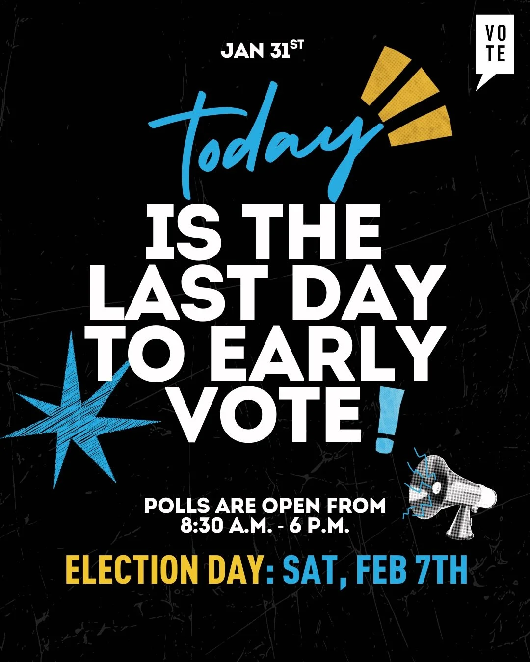🚨 Special Election Alert: LAST DAY to Early Vote is TODAY 🚨
&nbsp;
Don&rsquo;t let all the parades distract you! TODAY, January 31st, is your LAST CHANCE to early vote &mdash; polls close at 6pm!
Tell your people in the East, Gentilly, the 9th Ward