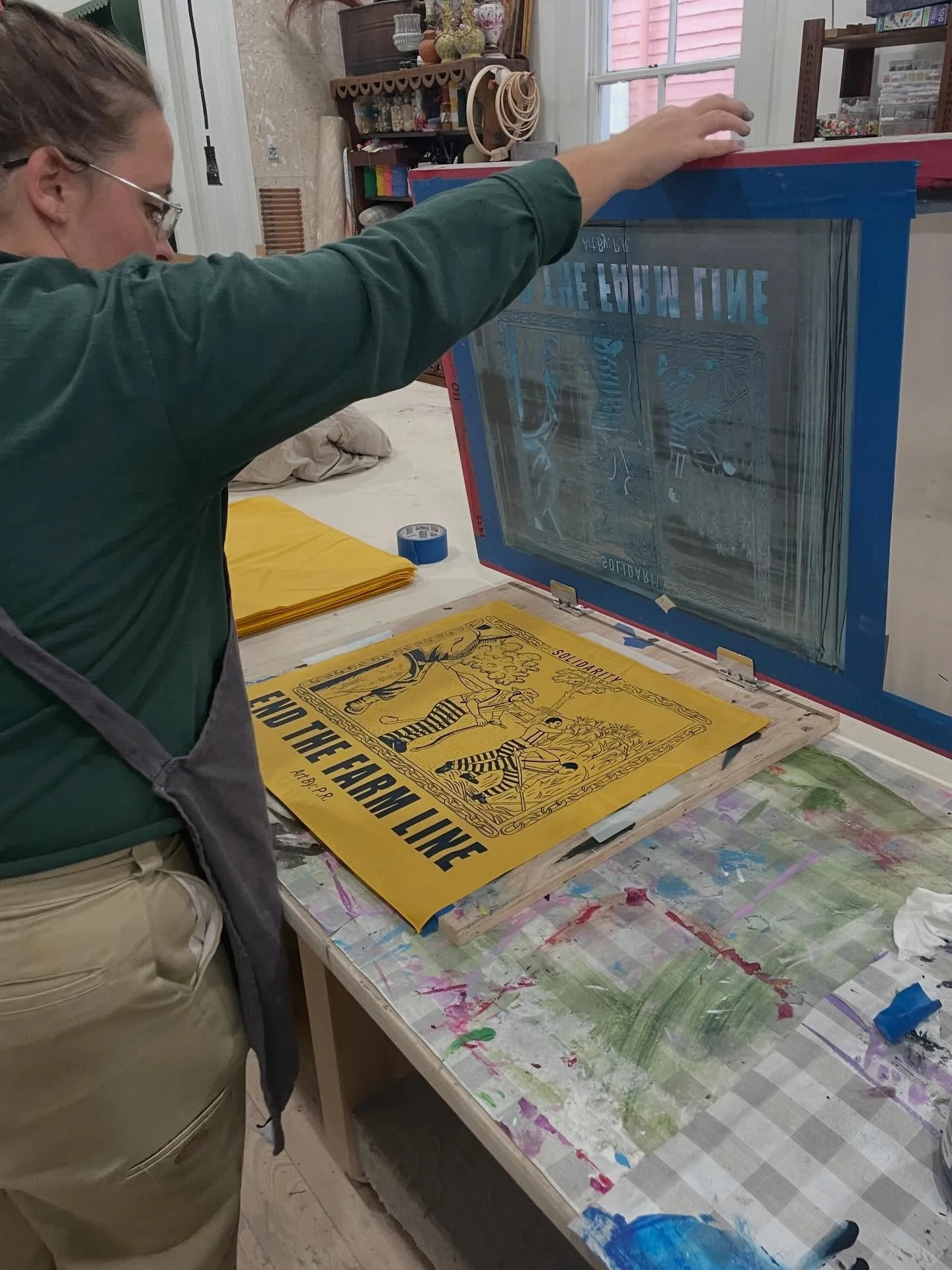 Hot off the screen presses 🔥 100 &ldquo;End the Farm Line&rdquo; bandanas, printed by food justice community members for everyone showing up to pack the court tomorrow as the class action trial begins. The artwork is adapted from a painting of the F