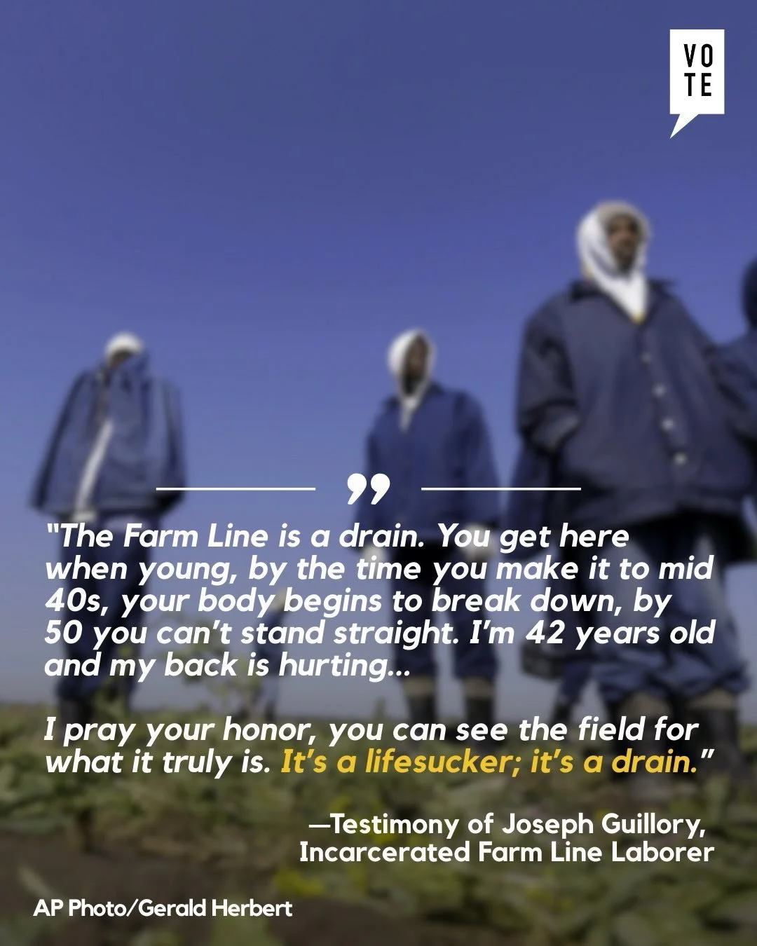 The Angola Farm Line trial began yesterday with powerful testimony from men forced to work the fields in degrading, brutal conditions for 0 tor 4 cents an hour. They described it as&hellip; &lsquo;slavery.&rsquo; Physically and psychologically.

That