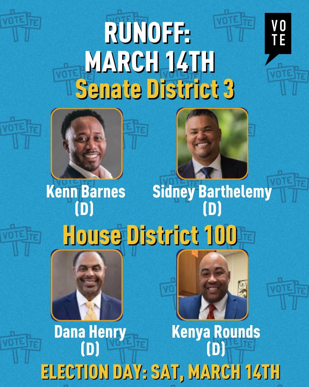 🗳️ Runoff Elections &ndash; March 14
After the Feb. 7 special election, two races are headed to a runoff and early voting is almost over:

Senate District 3 (replacing Joe Bouie)
&bull; Kenn Barnes (D)
&bull; Sidney Barthelemy II (D)

House District