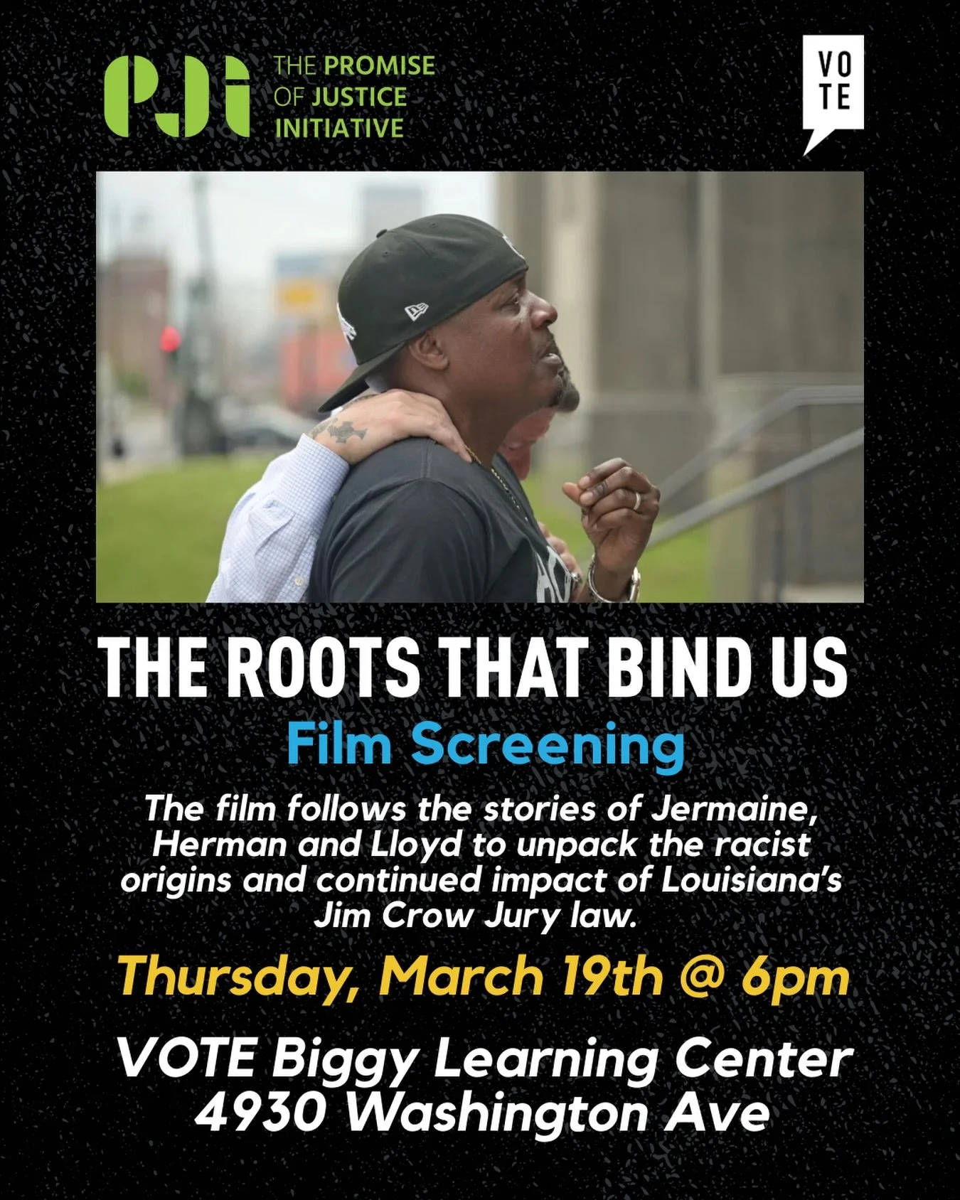 Join us Thursday, March 19th at 6PM for a screening of @justicespromise new documentary film, &ldquo;The Roots that Bind Us&rdquo; at VOTE&rsquo;s New Orleans office.

&ldquo;The Roots that Bind Us&rdquo; explores the origins of non-unanimous juries 