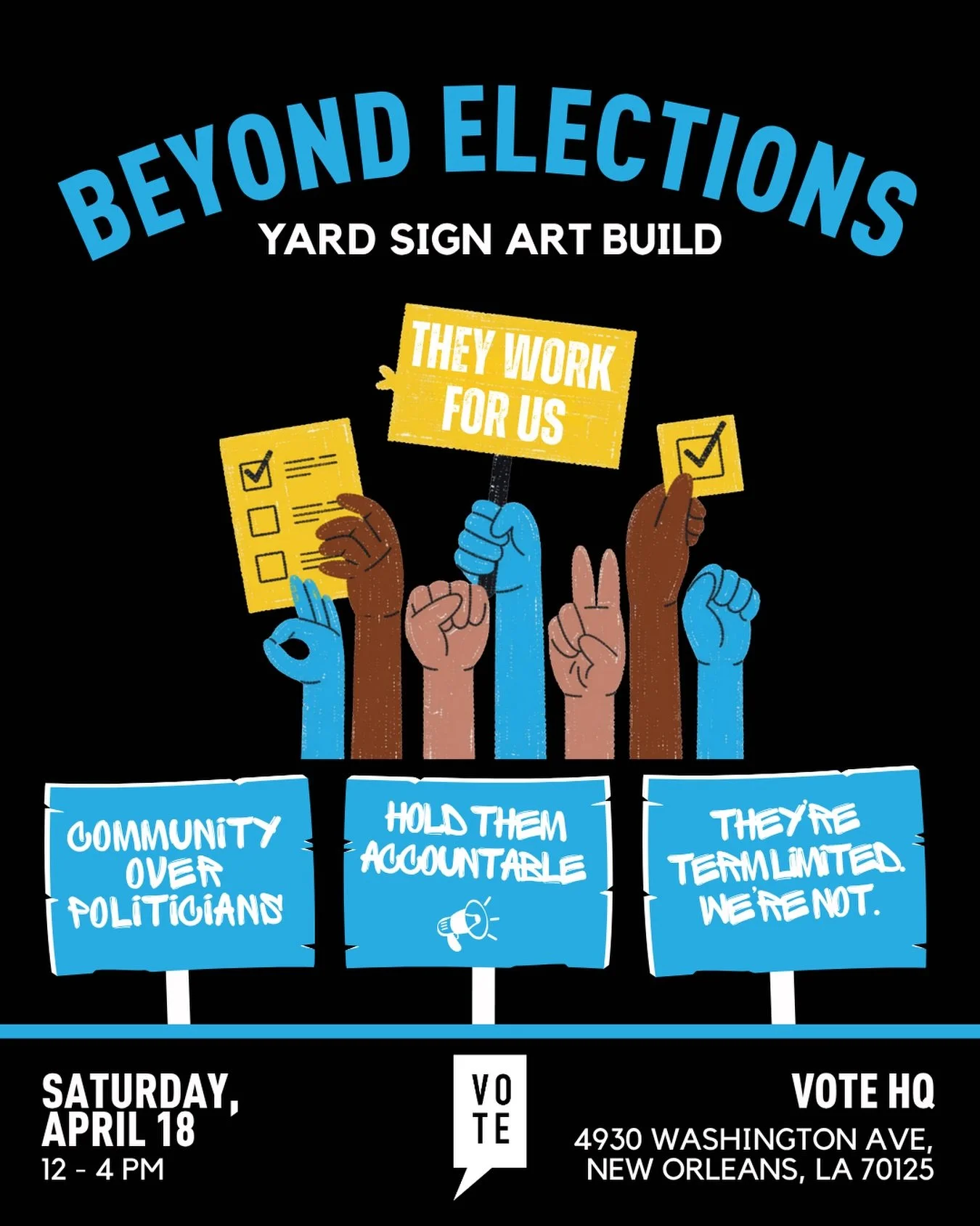 Join us for a community art build where we will create yard signs that speak to what real accountability for our elected officials looks like.
&nbsp;
Every election season, they show up everywhere asking for our votes. But once the election is over, 