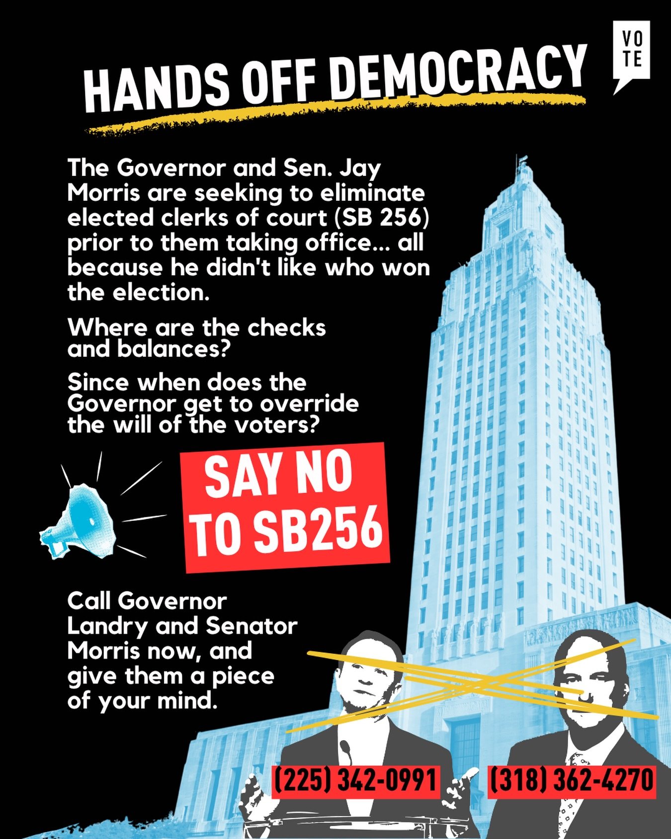 🚨 ACTION ALERT: STOP SB 256 &amp; HANDS OFF DEMOCRACY
&nbsp;
SB 256 is being rushed through the Legislature and with new amendments is set to take effect immediately upon signature of the governor. Stop stripping people of their elected officials. I