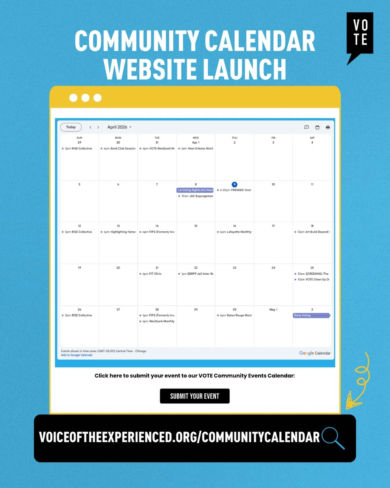 The VOTE Community Calendar is officially live!
&nbsp;
This is your one-stop hub for what&rsquo;s happening across our movement in Louisiana&mdash;from organizing meetings and trainings to community events, opportunities to take action, and key elect