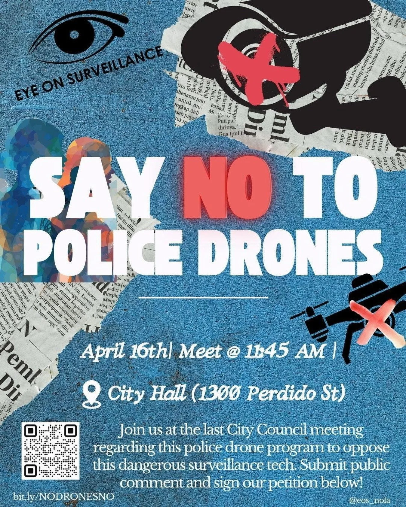 ❌NO TO POLICE DRONES!❌

After being approved in a shady, anti-democratic FQMD process, the budget for the FQ police drone proposal is coming to City Council to be approved on April 16th at 12 noon.

We need all hands on deck to show City Council that