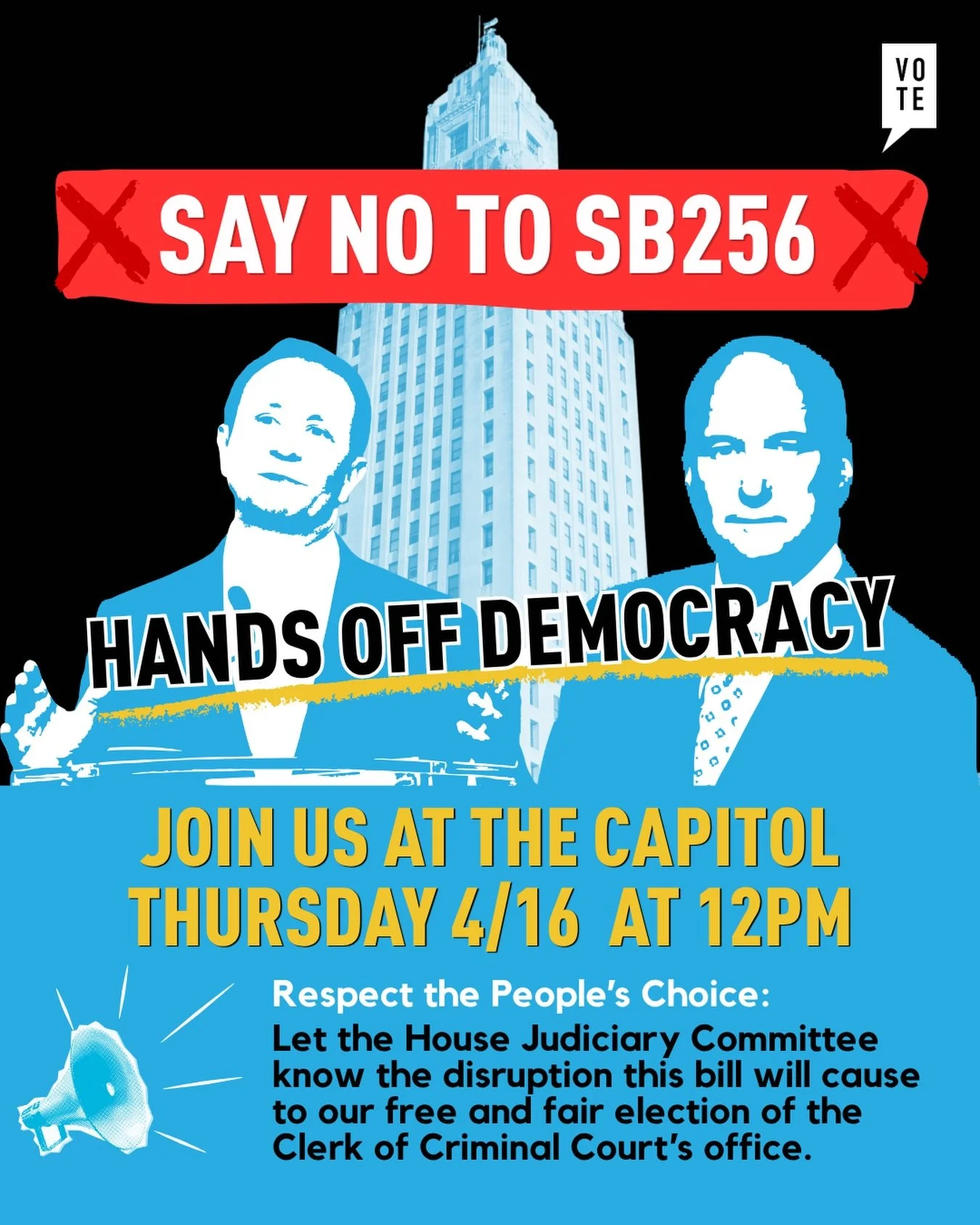 🚨 HEARING TOMORROW 🚨

SB 256 will be heard in the House Judiciary Committee as early as 12PM.

This bill is a direct attack on the will of the voters. It strips power from the elected Clerk of Court in Orleans Parish, Calvin Duncan, before he even 
