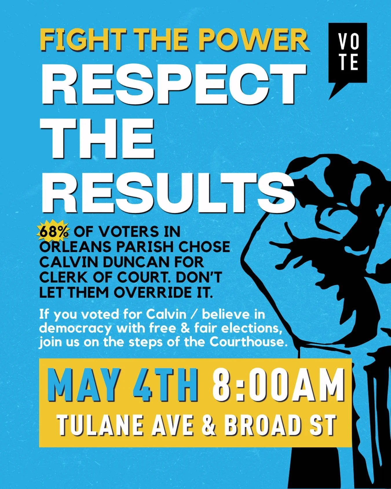 The people decided, and we&rsquo;re going to keep showing up to make sure that decision stands. JOIN US ON MAY 4TH.
&nbsp;
68% of Orleans Parish voters chose Calvin Duncan for Clerk of Court. You can&rsquo;t claim to believe in democracy and election