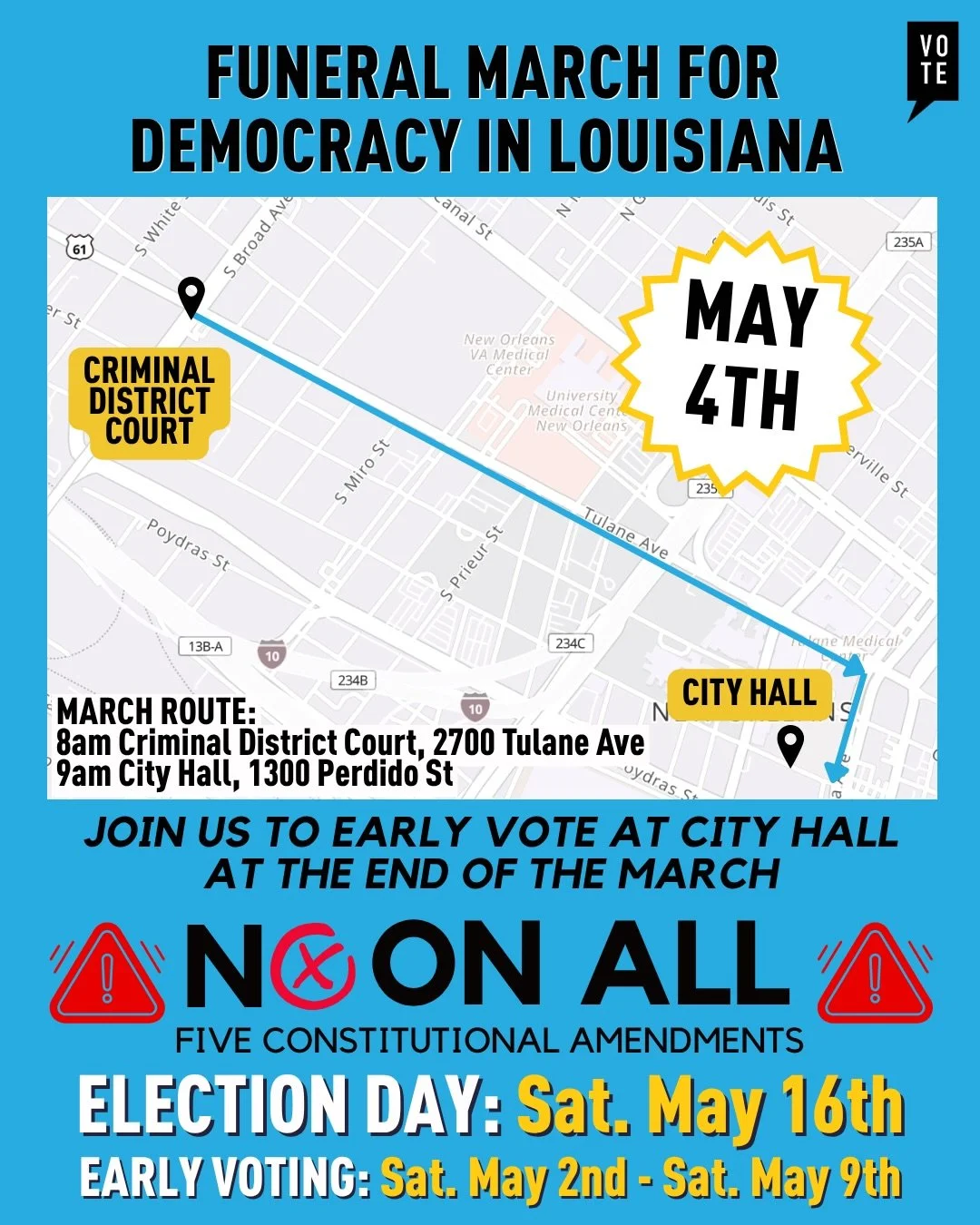 JOIN US TOMORROW.
&nbsp;
For a Silent Funeral March for Democracy.
We&rsquo;re marching from Criminal District Court to City Hall where we&rsquo;ll early vote NO on all five constitutional amendments and make it clear: our votes should mean something