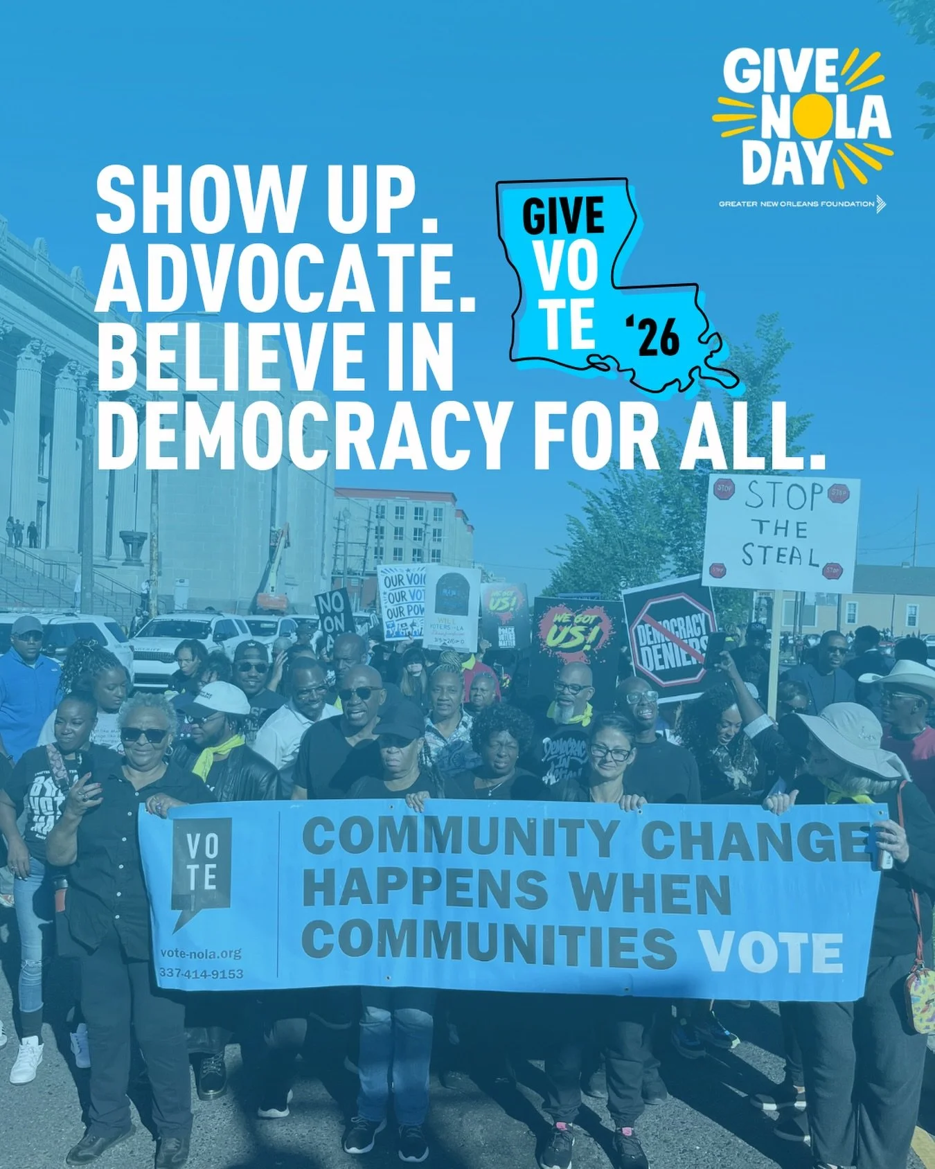 Happy GiveNOLA Day!

As Early Voting continues despite Landry&rsquo;s interference, we must make our voices heard and vote No on All! Your vote DOES matter.

When given the opportunity, Louisiana voters show up. And with that people power in 2025 alo
