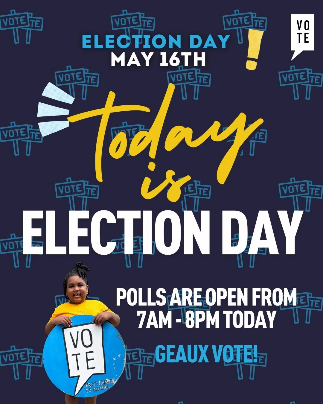 🚨 TODAY is election day, Louisiana! 🚨
&nbsp;
For the first time, Louisiana is using a closed primary system for key races:
&bull; U.S. Senate
&bull; U.S. House of Representatives
&bull; Louisiana Supreme Court
&bull; Public Service Commission
&bull