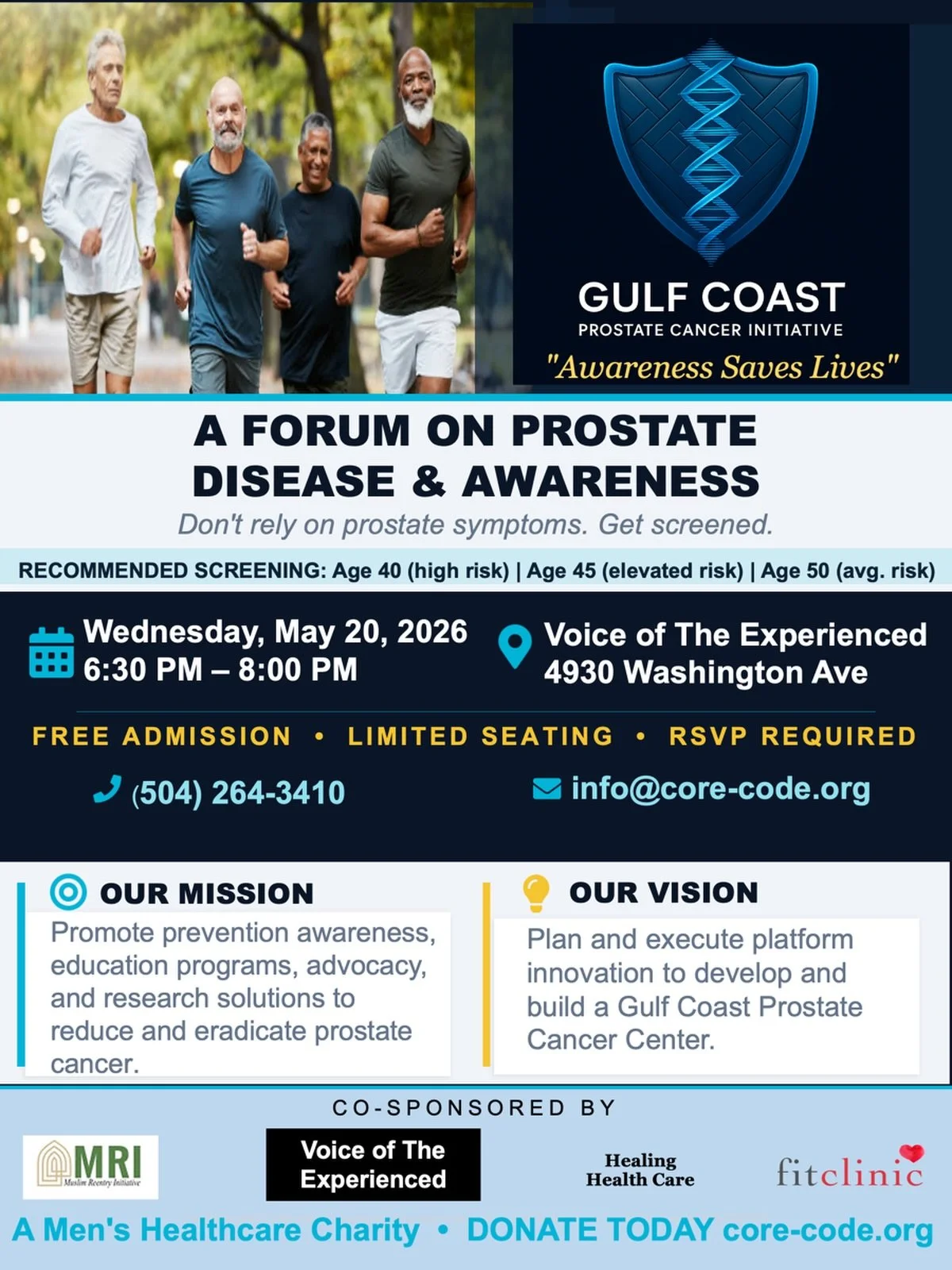 This Wednesday, Core Code and the FIT Clinic will host a community forum on prostate disease awareness. Don&rsquo;t wait for symptoms, get informed and get screened.

📅 Wednesday, May 20, 2026
⏰ 6:30 PM &ndash; 8:00 PM
📍 4930 Washington Ave

✨ FREE