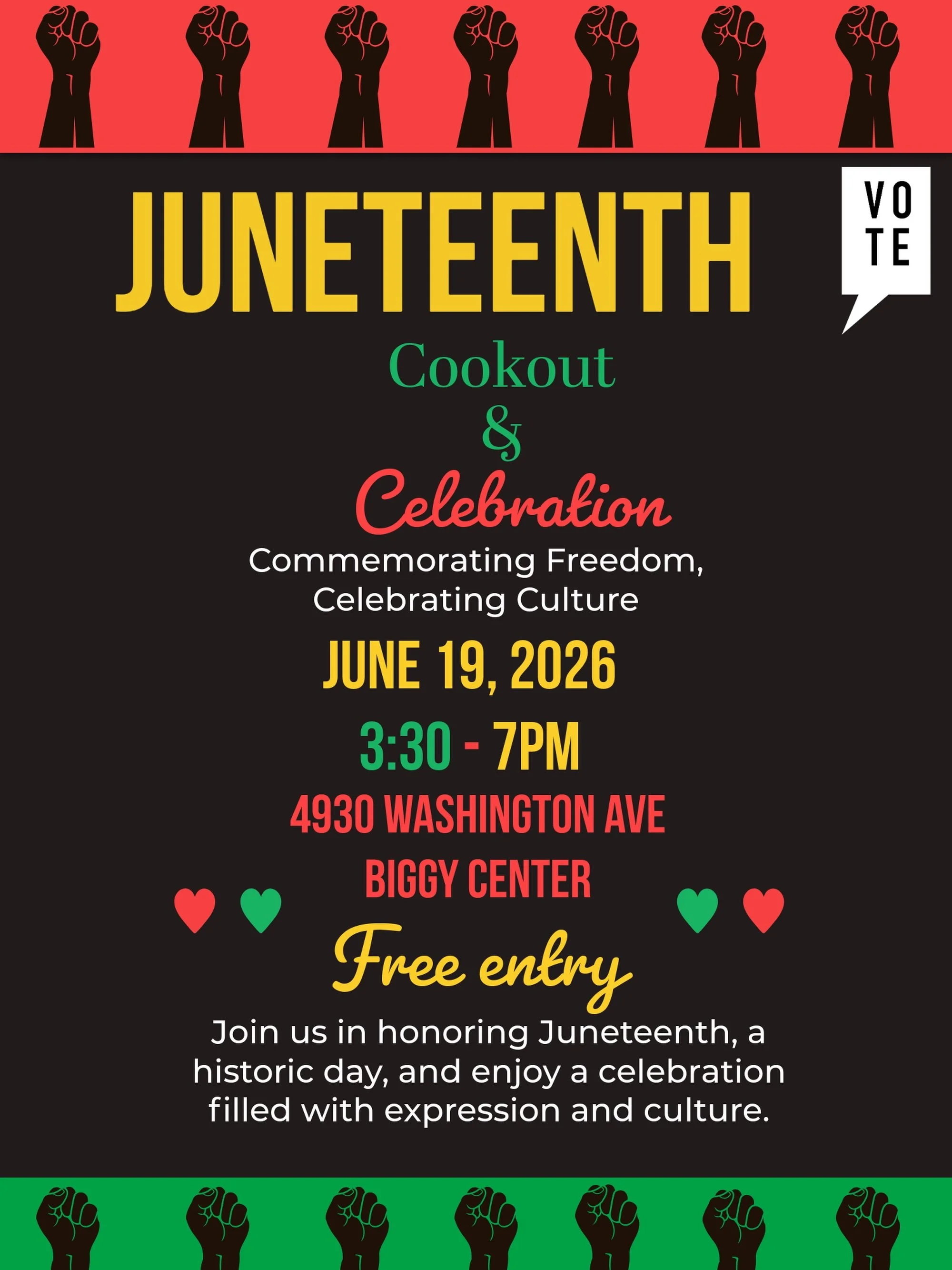 Join us for our third annual Juneteenth Cookout celebration for the people! Food, music, history, civics, &amp; community - you won&rsquo;t want to miss it! 

When: June 19th, 3:30-7pm
Where: VOTE New Orleans HQ, 4930 Washington Ave