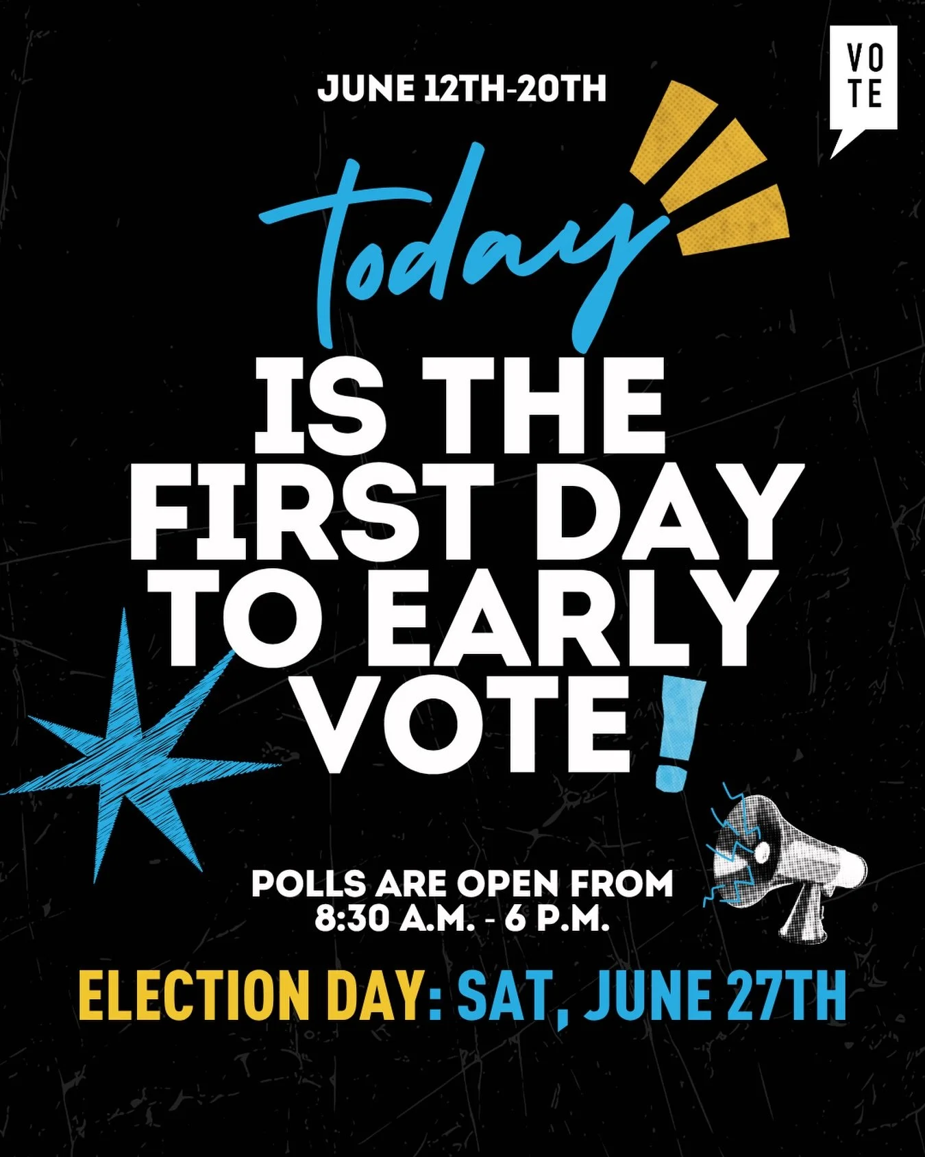 First Day of Early Voting (June 12)
Today is the day &mdash; early voting starts NOW for the June 27th runoff election! 🗳️
Polls are open 8:30 AM &ndash; 6 PM through June 20th. No lines, no waiting until the last minute &mdash; go ahead and cast yo