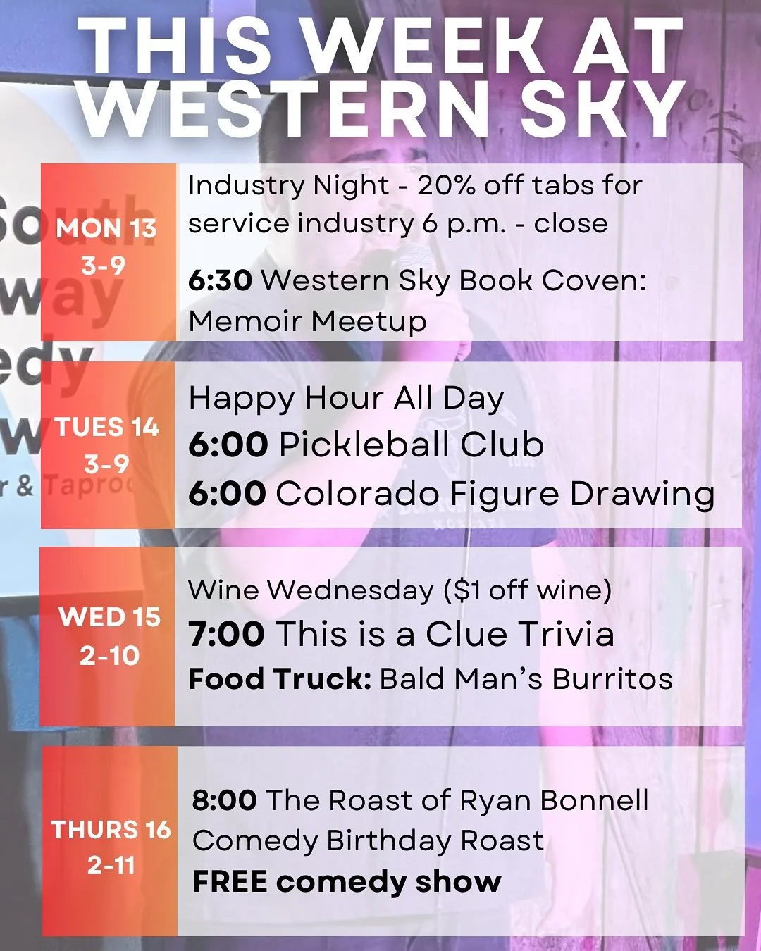 Fun week ahead! We’re kicking things off tonight with the Western Sky Book Coven’s memoir discussion of Yours Cruelly, Elvira by Cassandra Peterson.
.
@coloradofiguredrawing is happening Tuesday in the taproom! Or join in on some Pickleba