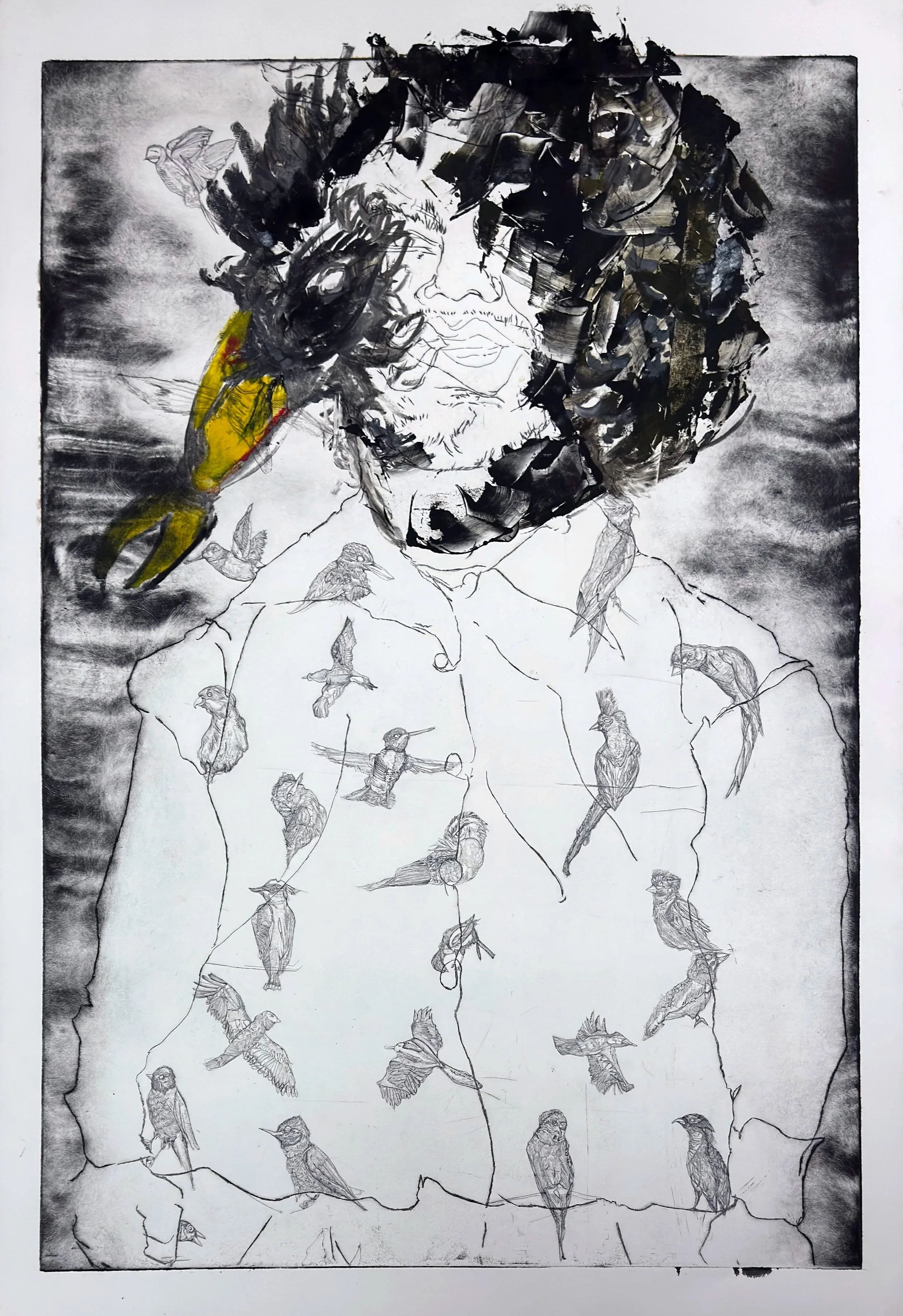 Willy with Bird Head, 2025, Ink and Pencil on Arches Paper. 38” x 26”