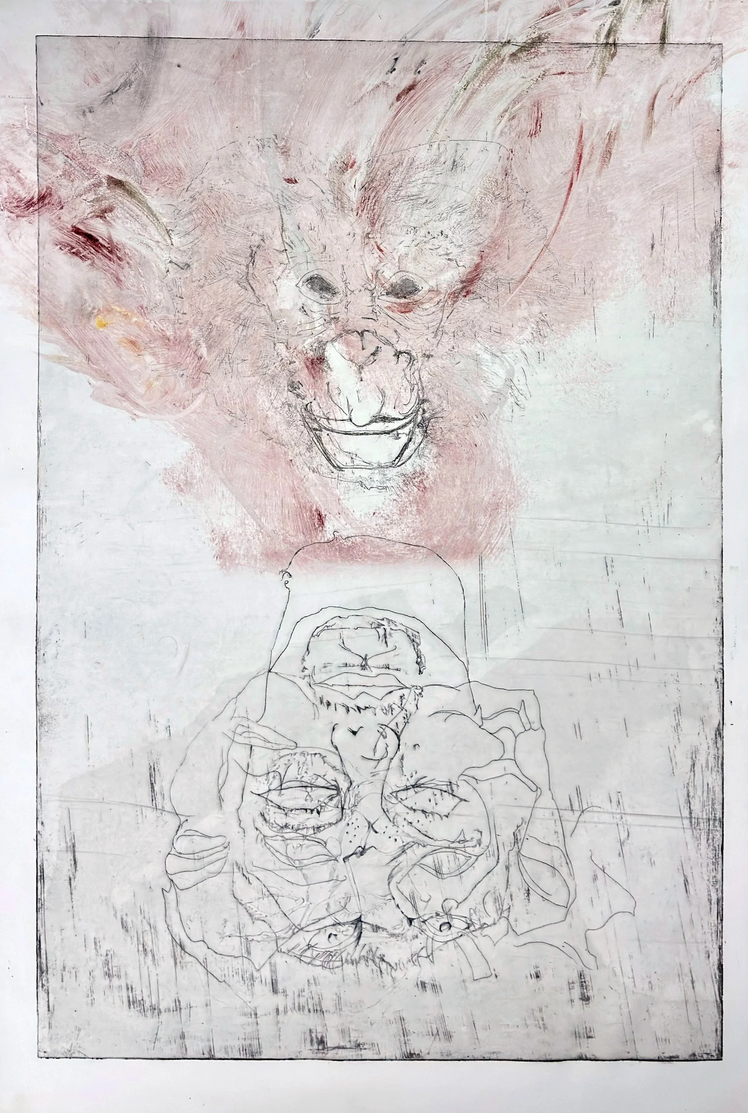 Wild Monkey and Zoilo, 2025, Ink on Arches Paper. 38”x26”