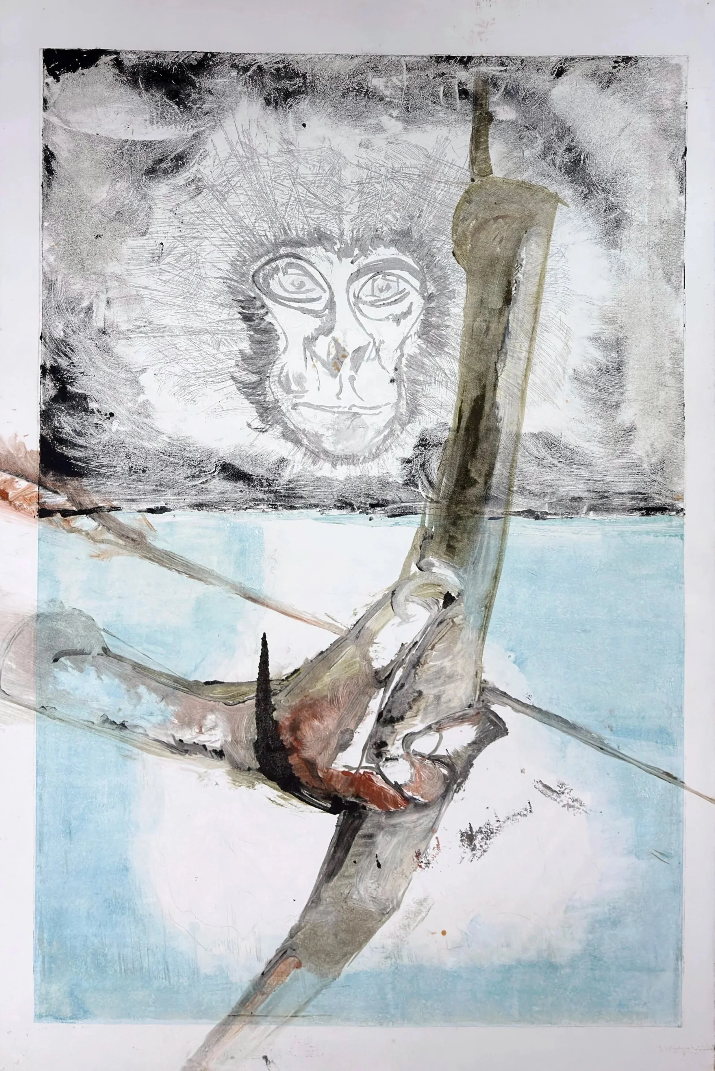 The Monkey and the Arrow, 2024, Ink on Arches Paper. 38”x26”
