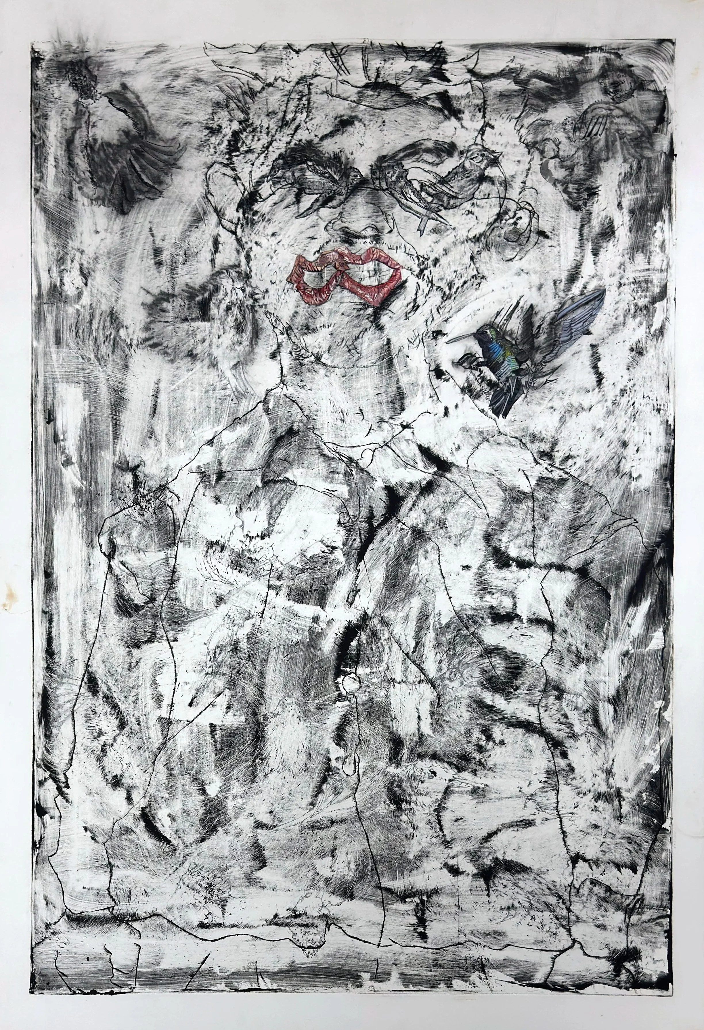 Camouflage Willy Bird, 2024, Ink, Oil and Charcoal on Arches Paper. 38”x26”