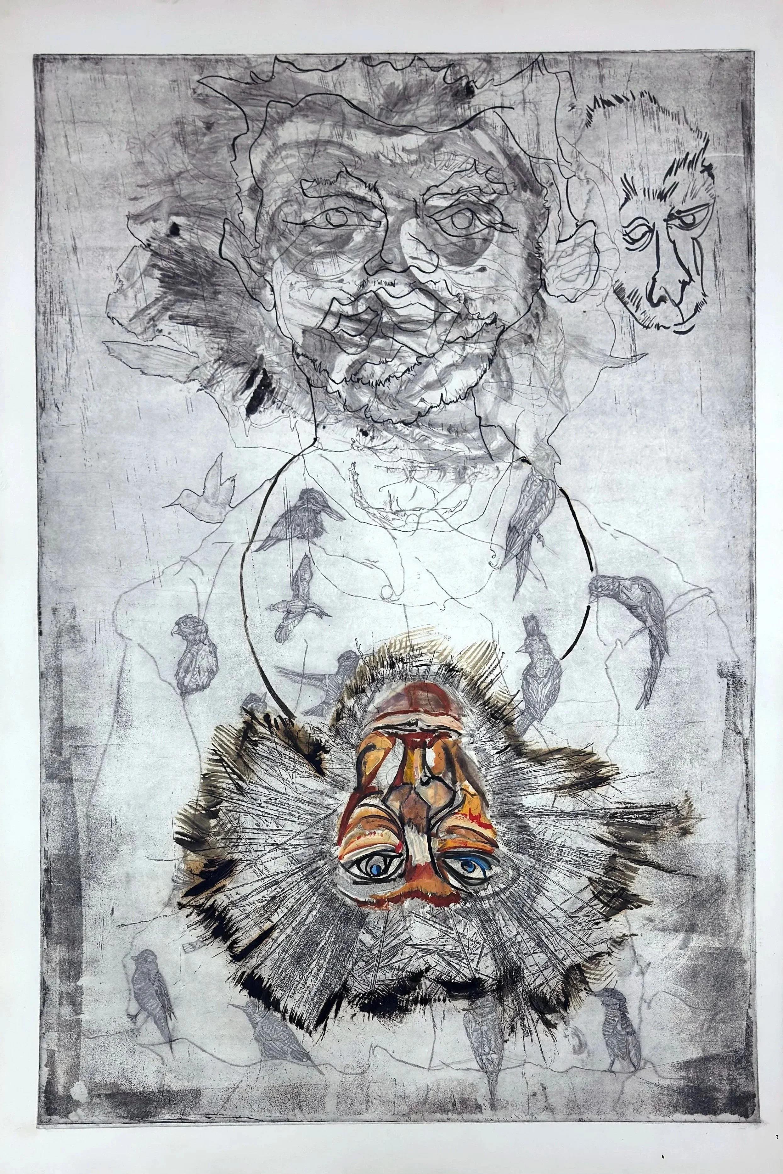 Willy Bird with Monkey Necklace, 2024, Ink, Oil and Pencil on Arches Paper. 38”x26”