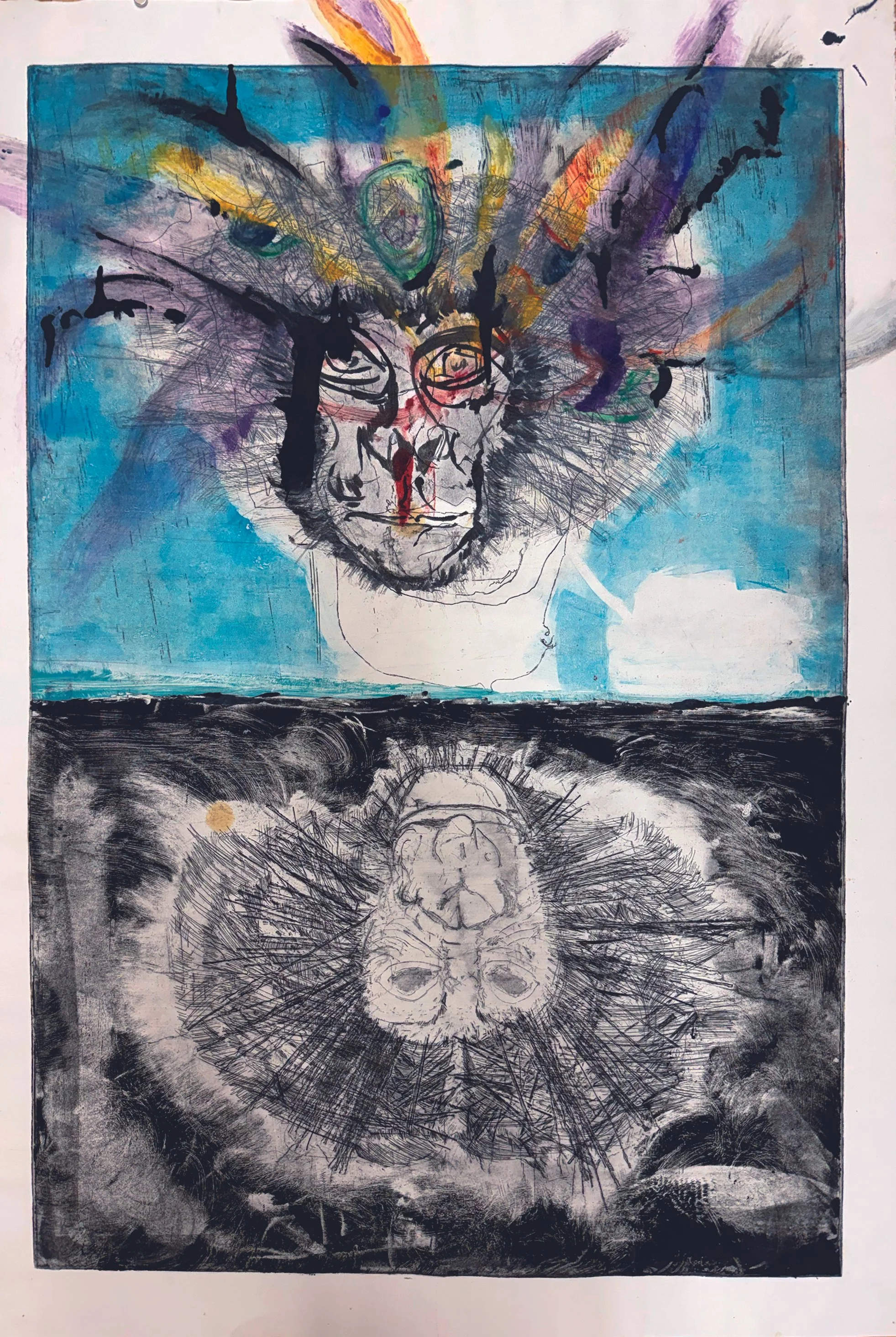  Zoilo with Brazilian Monkey, 2025, Ink on Arches Paper. 38”x26”
