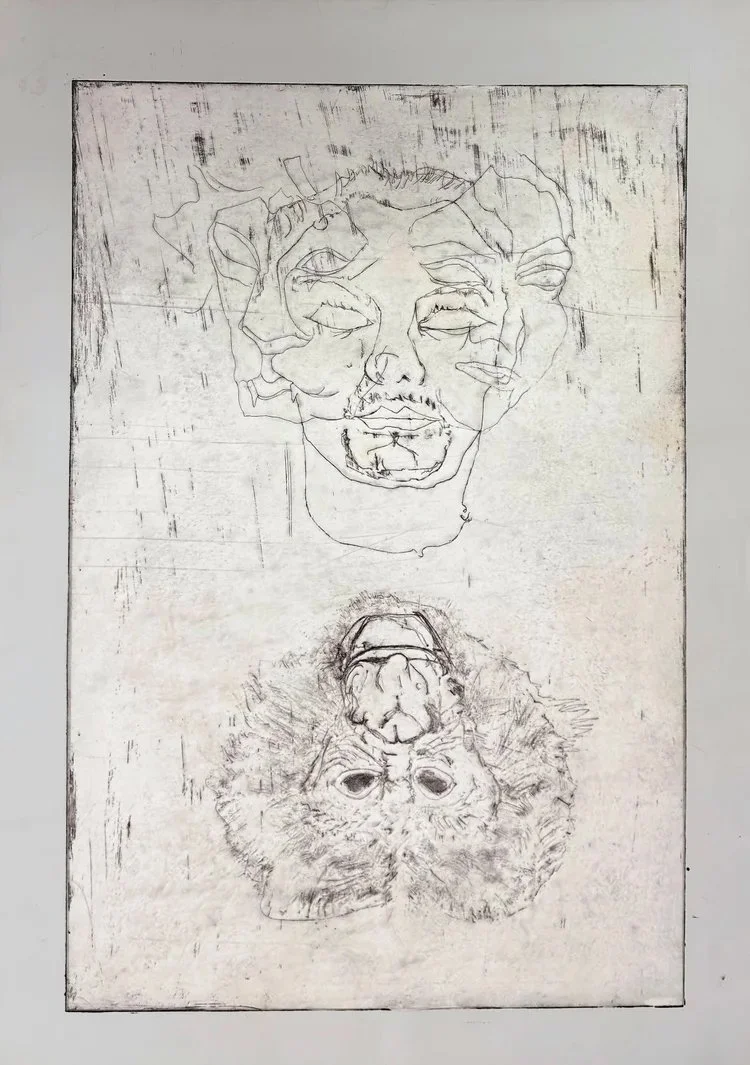 Zoilo with Four Heads, 2025, Ink on Arches Paper. 38”x26”