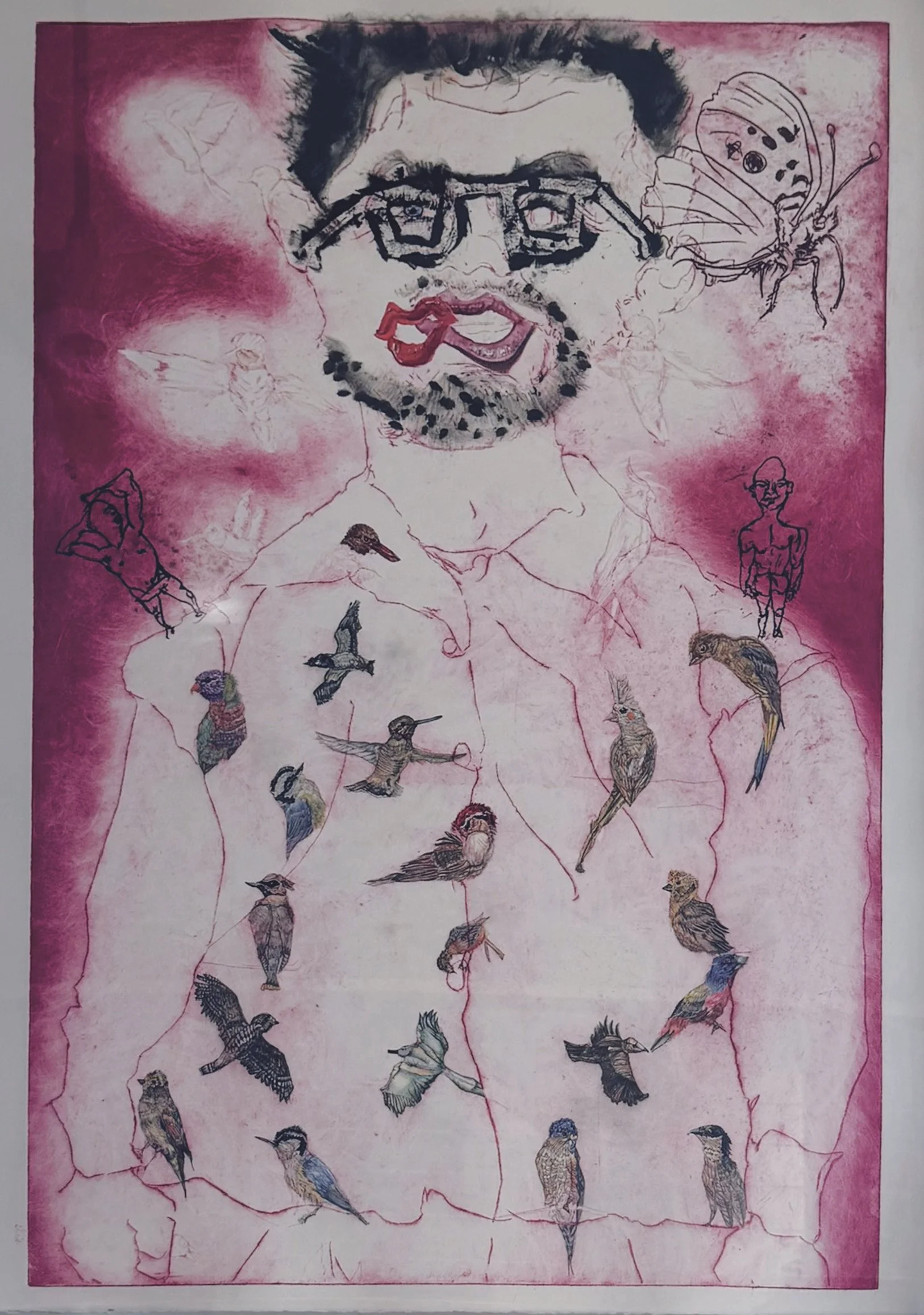 Willy Bird with His Glasses, 2024, Ink, Gouache and Pencil on Arches Paper. 38” x 26”