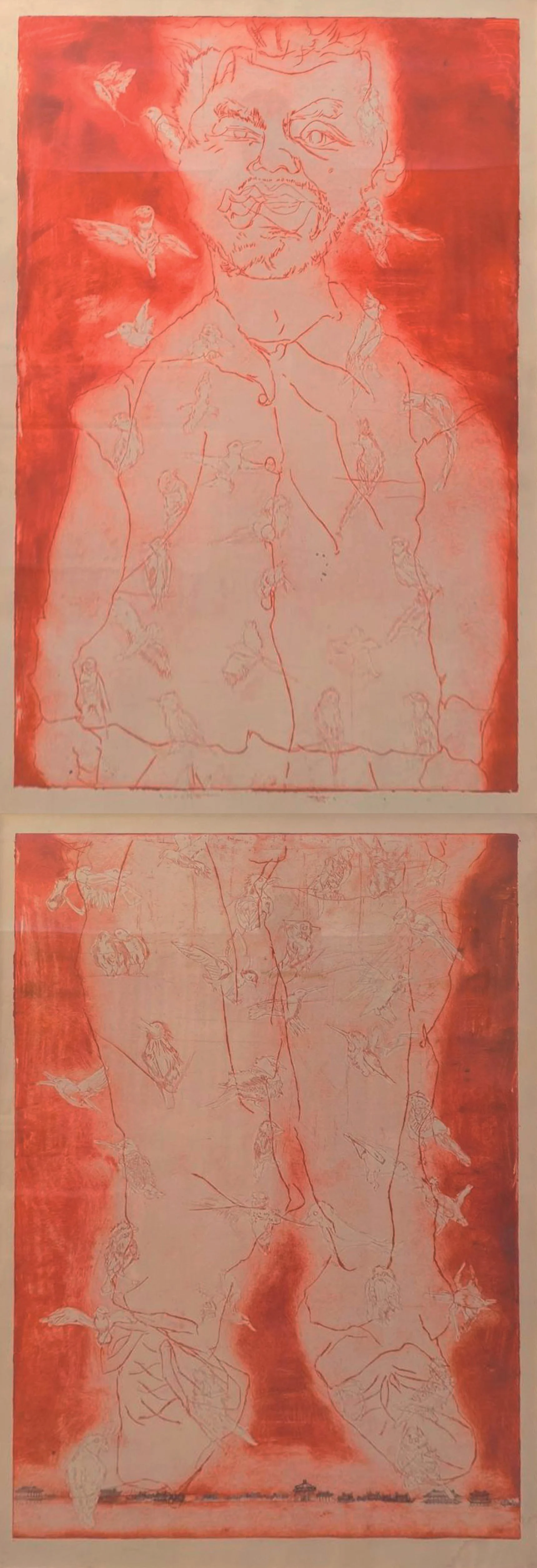 Red Willy, 2025, Etching with Ink and Gouache on Arches Paper. Two prints each 38” x 26”