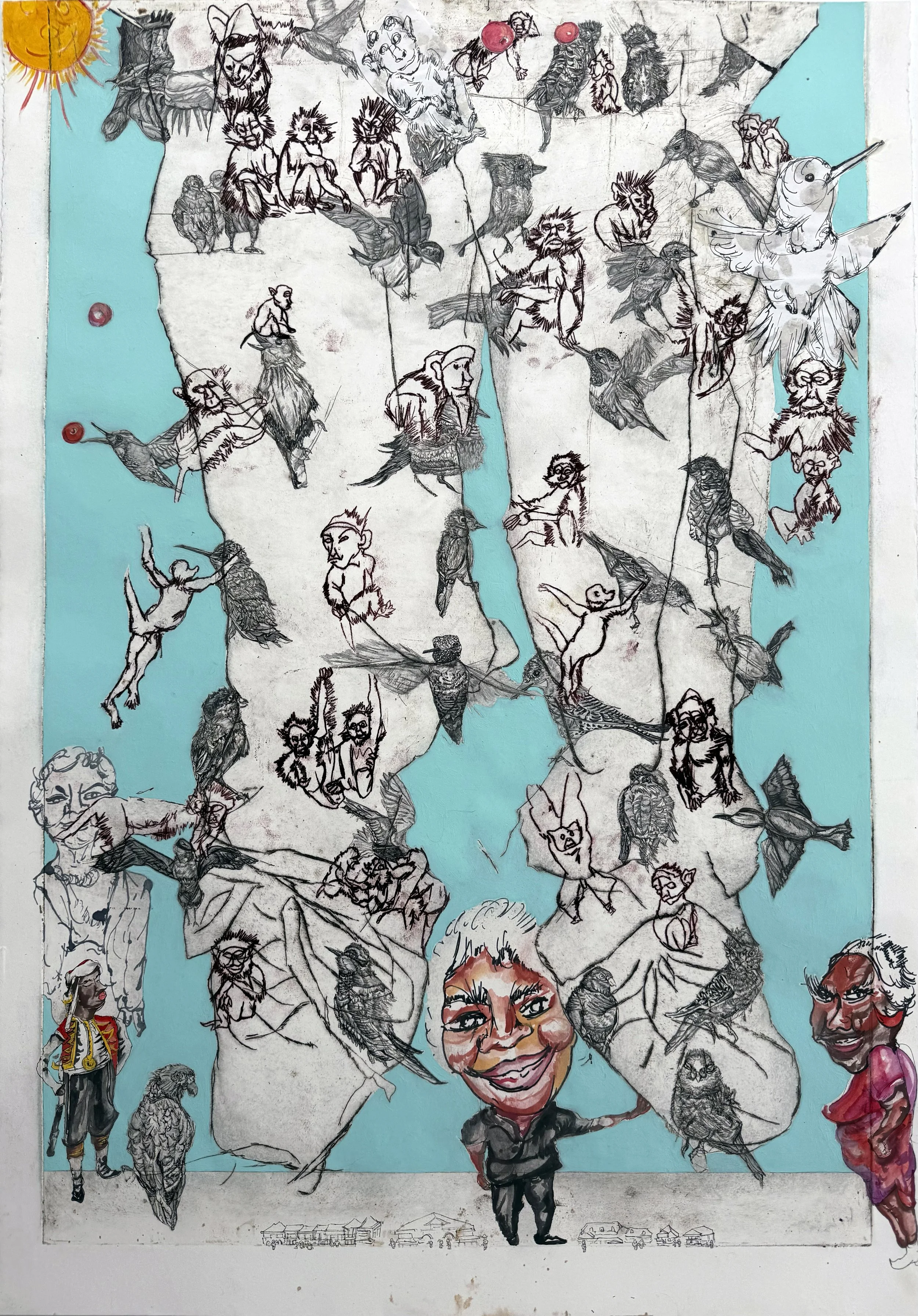 Willy’s Legs with Sun, 2026, Etching with Ink, Pencil and Gouache on Arches Paper. 38” x 26” 