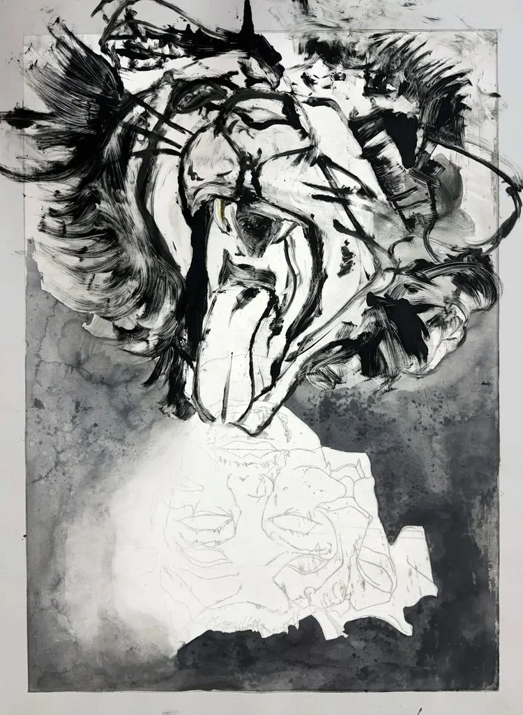 The Lion and Zoilo, 2024, Ink and Watercolor on Arches Paper. 38”x26”