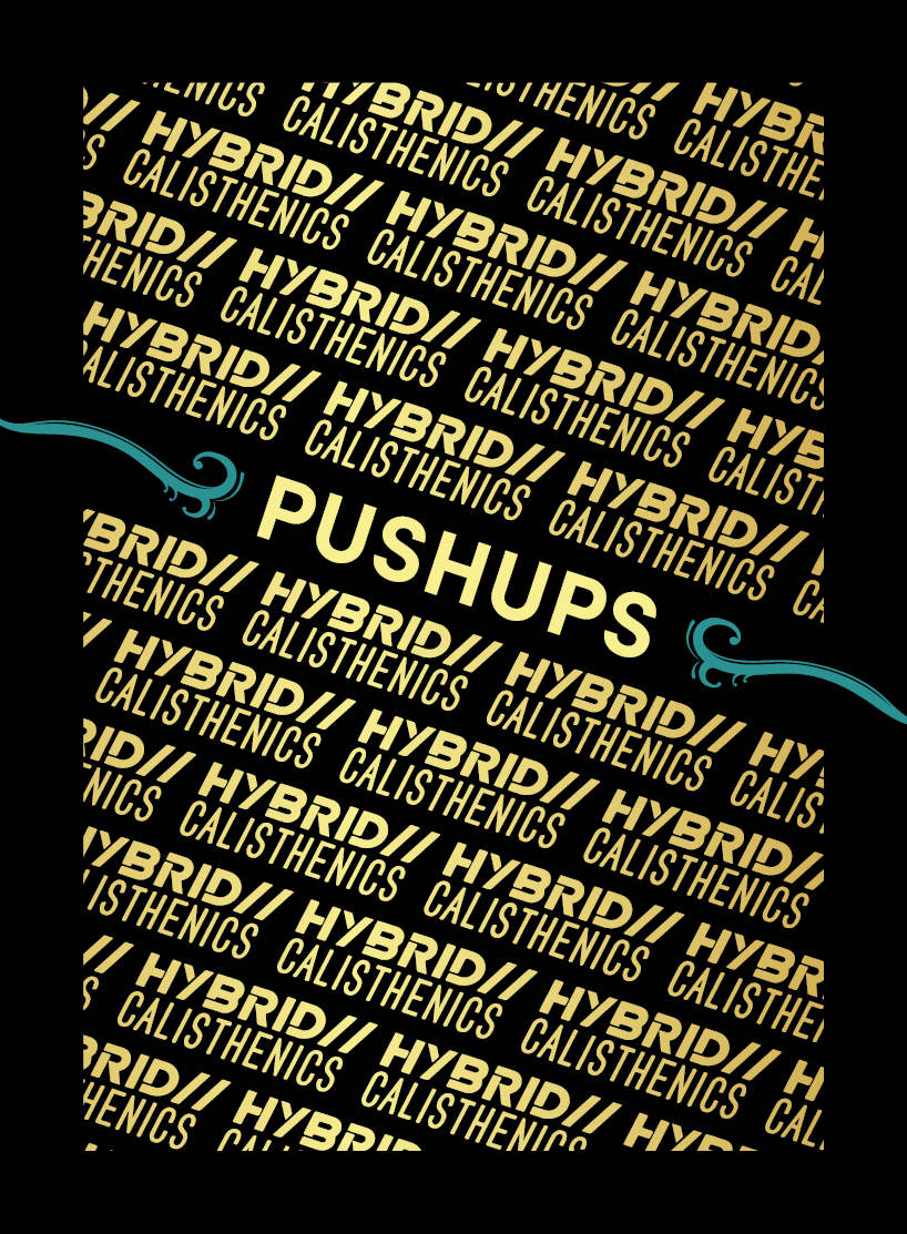 Graphic with repeated text 'HYBRID CALISTHENICS' in yellow on a black background, with 'PUSHUPS' in large yellow letters and decorative blue swirls.