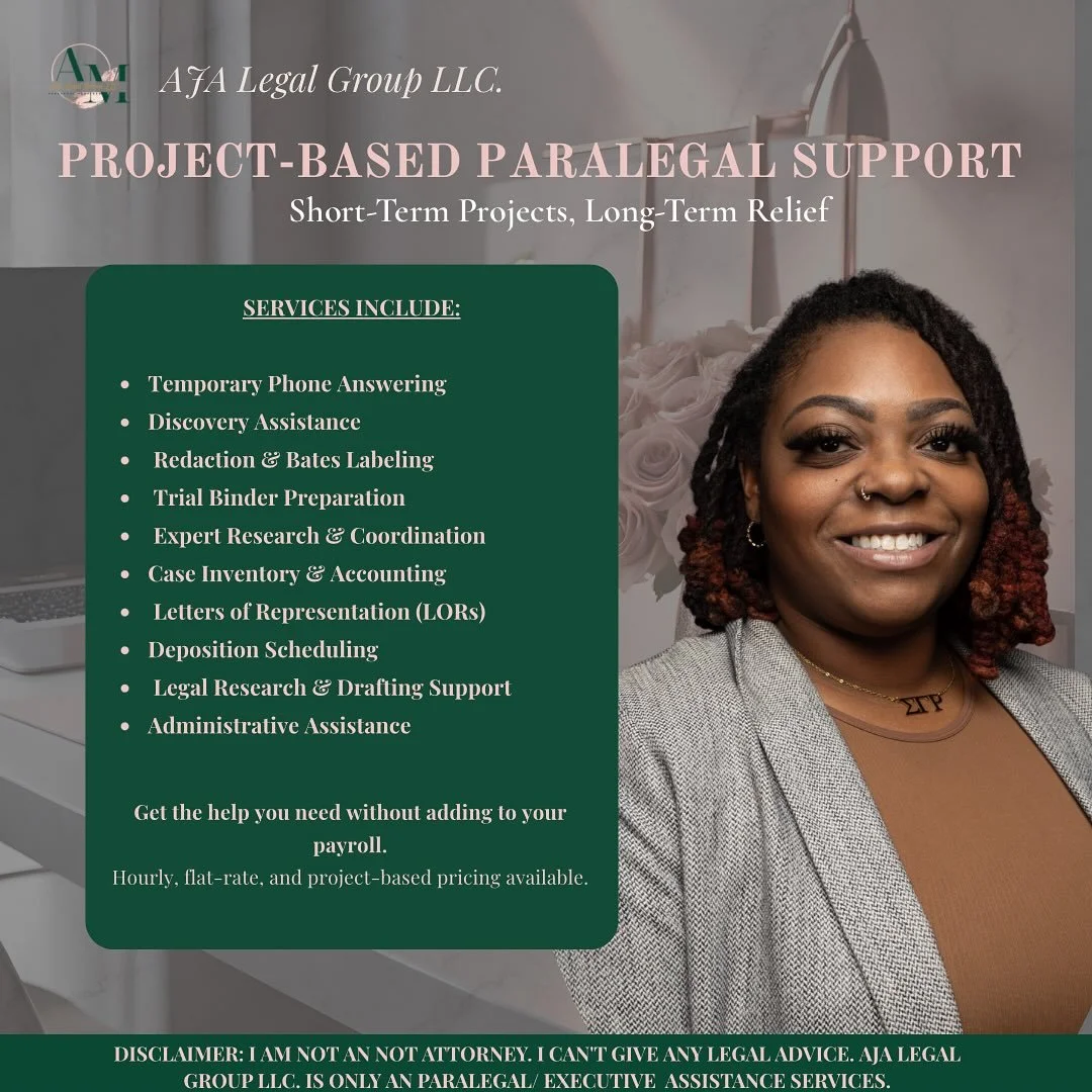 When law firms need reliable help, fast. Project-based paralegal support makes all the difference.

From discovery and trial prep to redaction, research, and deposition scheduling, AJA Legal Group LLC steps in when your caseload spikes or deadlines a