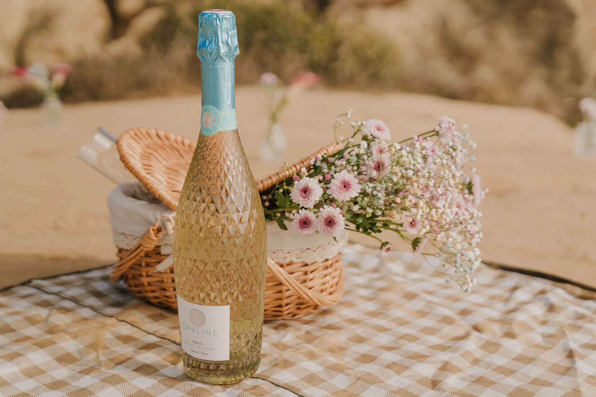 Champagne bottle and flower-filled picnic basket set up for a surprise proposal at Sunset Cliffs, San Diego