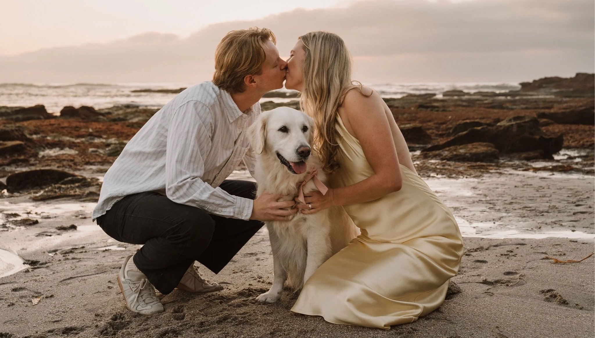 San Diego Proposal Photographer Southern California Engagement with Golden Retriever at Kit's Beach in La Jolla, California at Sunset