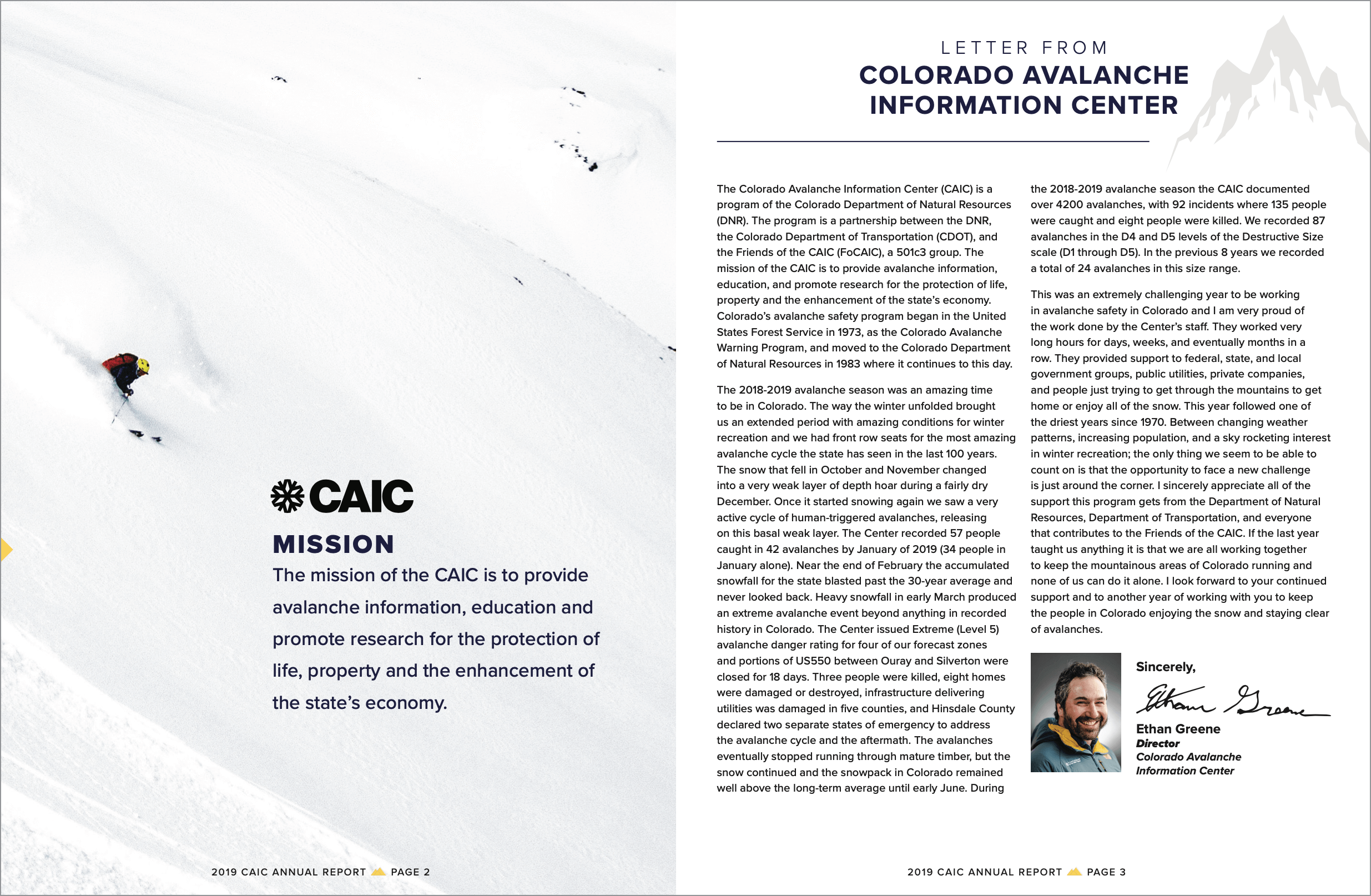 Image of a full page annual report spread with mountain photos, a mission statement and letter from the director.