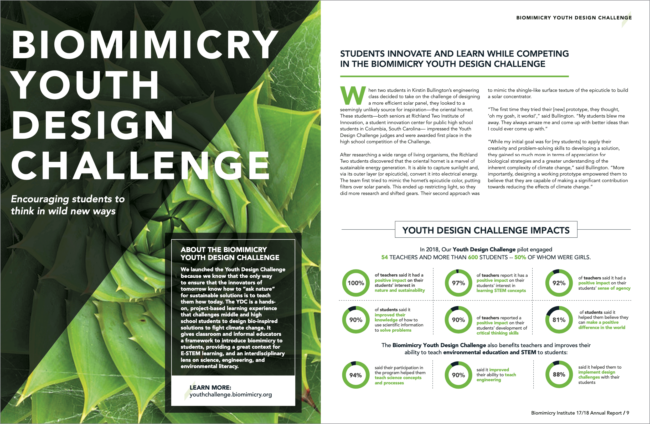 Two-page spread with "Biomimicry Youth Design Challenge" on left page over background photo of a leaf. On the right page, a story and infographic about a student biomimicry project.