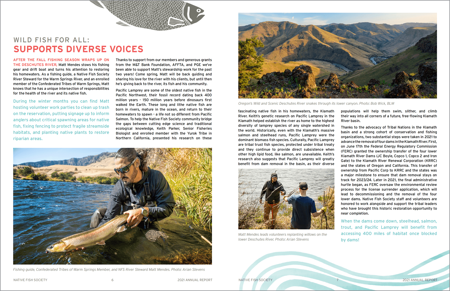 Image of a full page article with photos of people, landscapes and fish
