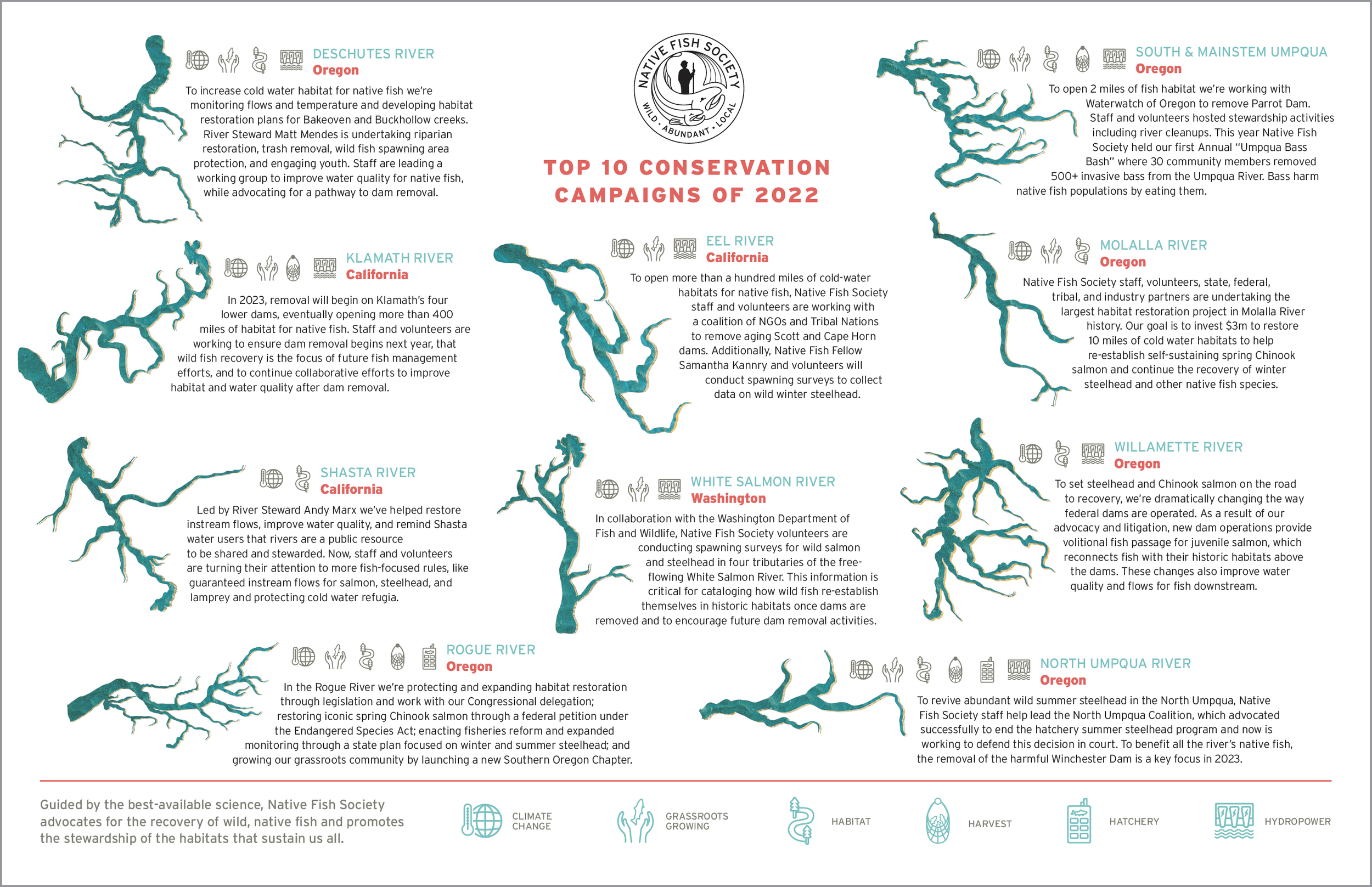 Silhouette illustration of 10 different rivers on a textured teal background