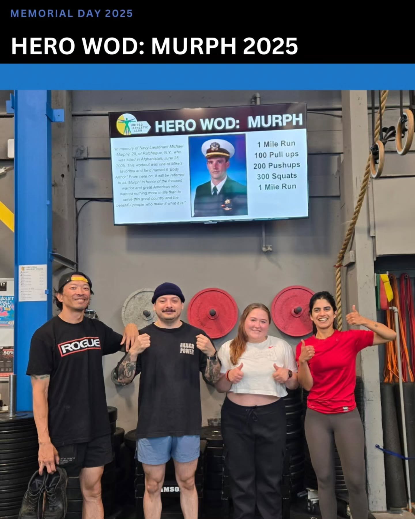 Same time next year? #MURPH2025

Hope all of our members had an amazing Memorial Day weekend! A few of our members completed the MURPH WOD with Coach Mak in our Noon Strength &amp; Conditioning class in remembrance of those who have served our countr